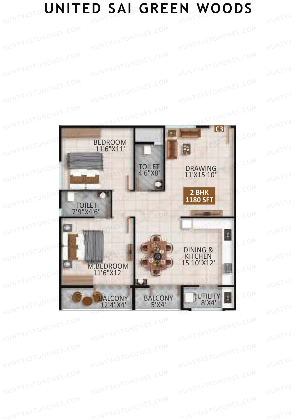 United Sai Green Woods Wing C Unit 3 Floor Plan