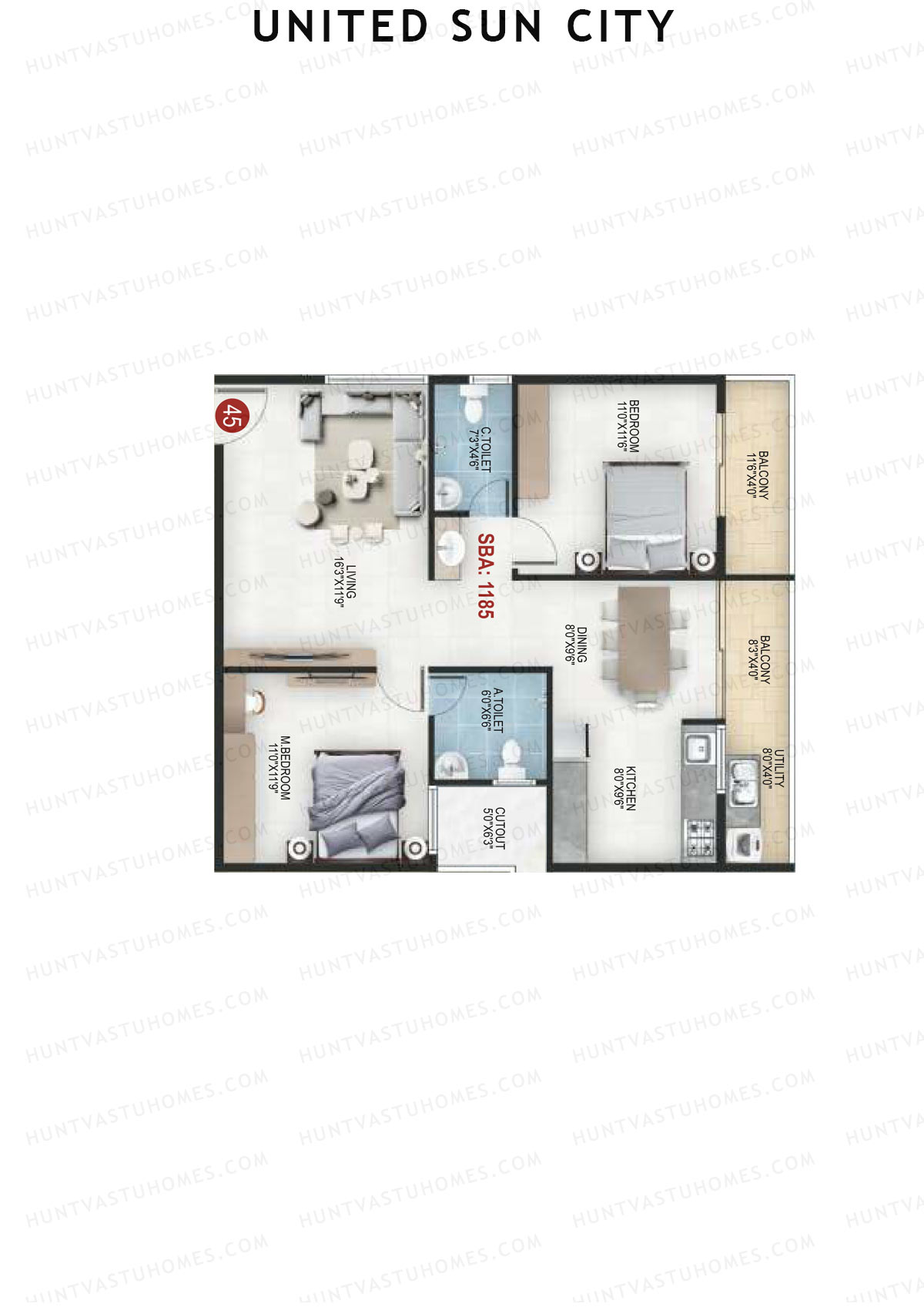 United Sun City Wing 1 Unit 45 Floor Plan
