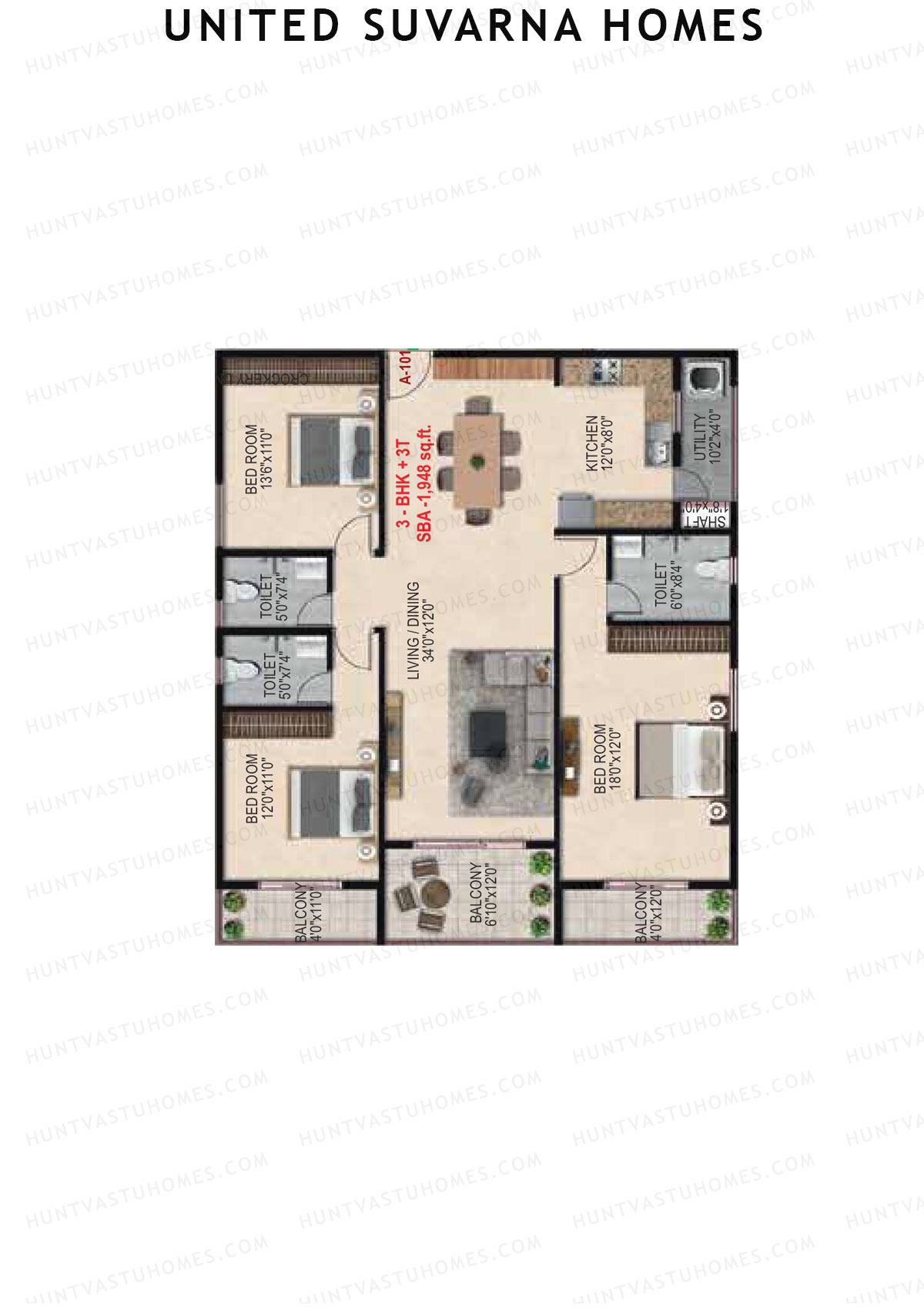 United Suvarna Homes, Block A, Unit 1, 3BHK, Super Area 1948   sq ft 