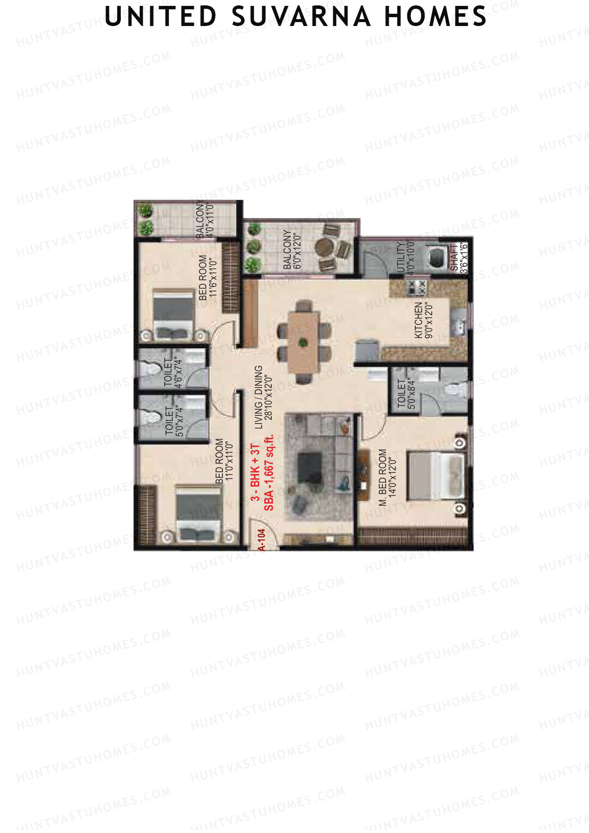 United Suvarna Homes, Block A, Unit 4, 3BHK, Super Area 1667   sq ft 