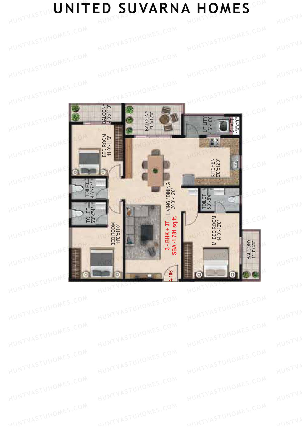 United Suvarna Homes, Block A, Unit 6, 3BHK, Super Area 1781   sq ft 