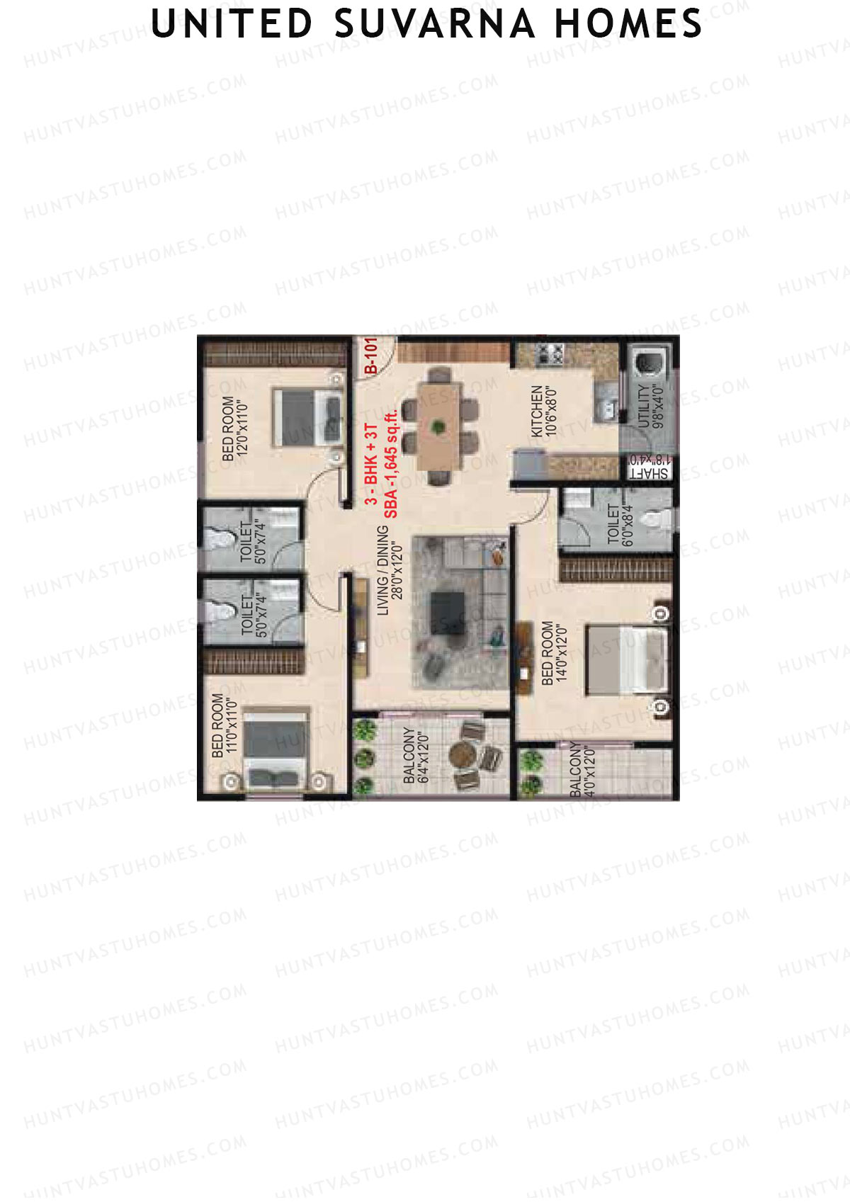 United Suvarna Homes, Block B, Unit 1, 3BHK, Super Area 1645   sq ft 