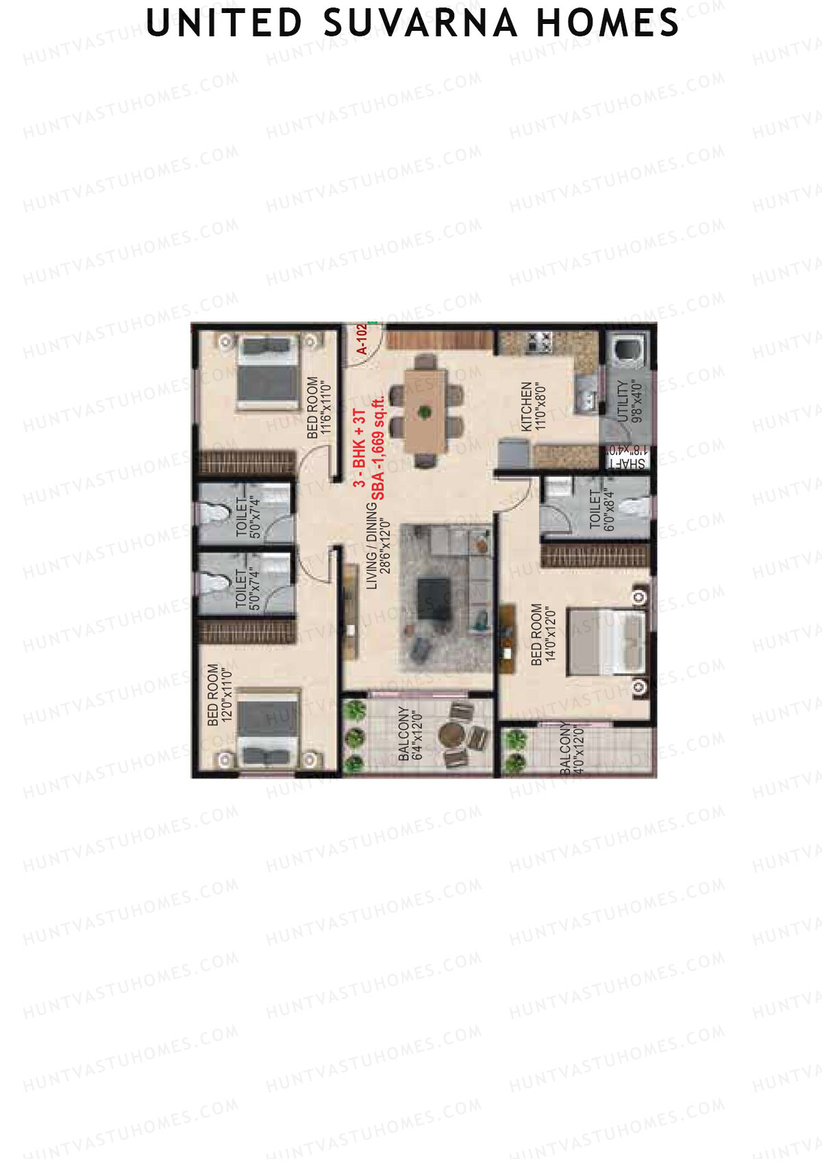 United Suvarna Homes, Block B, Unit 2, 3BHK, Super Area 1669   sq ft 