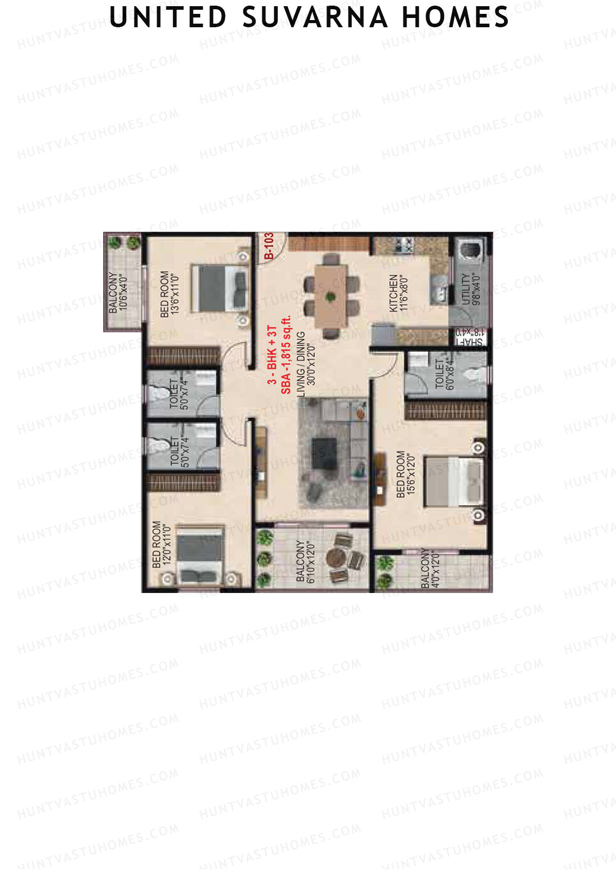 United Suvarna Homes, Block B, Unit 3, 3BHK, Super Area 1815   sq ft 
