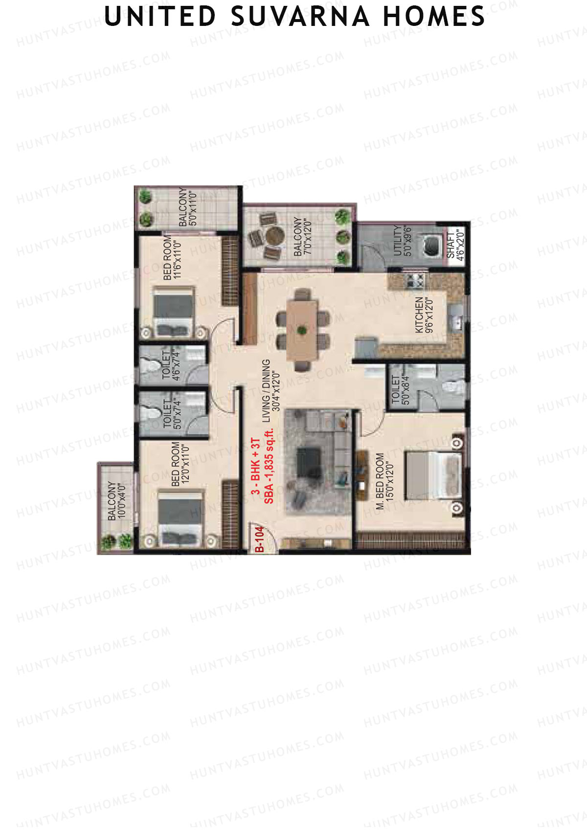 United Suvarna Homes, Block B, Unit 4, 3BHK, Super Area 1835   sq ft 