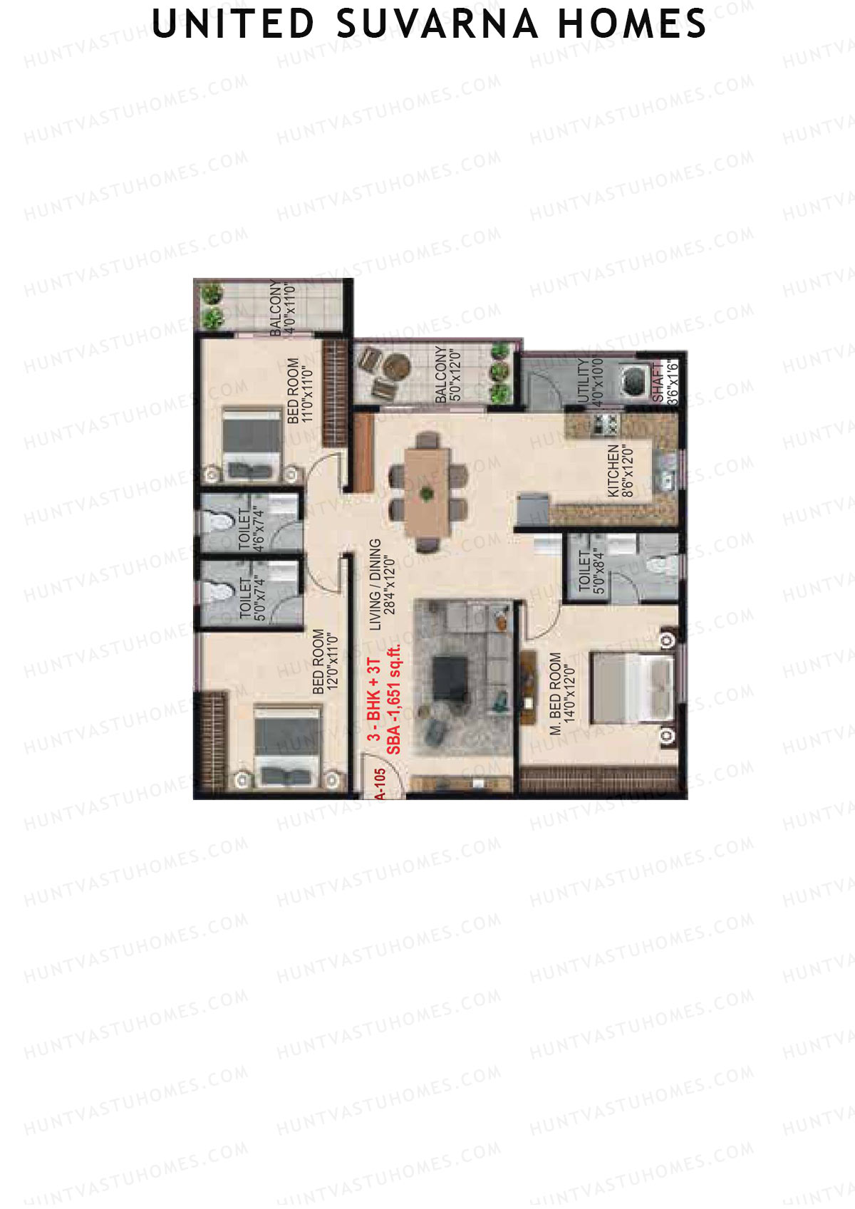 United Suvarna Homes, Block B, Unit 5, 3BHK, Super Area 1651   sq ft 