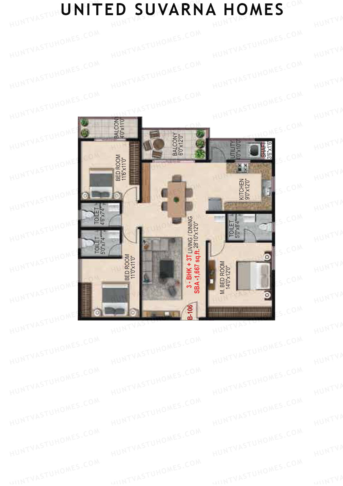United Suvarna Homes, Block B, Unit 6, 3BHK, Super Area 1667   sq ft 