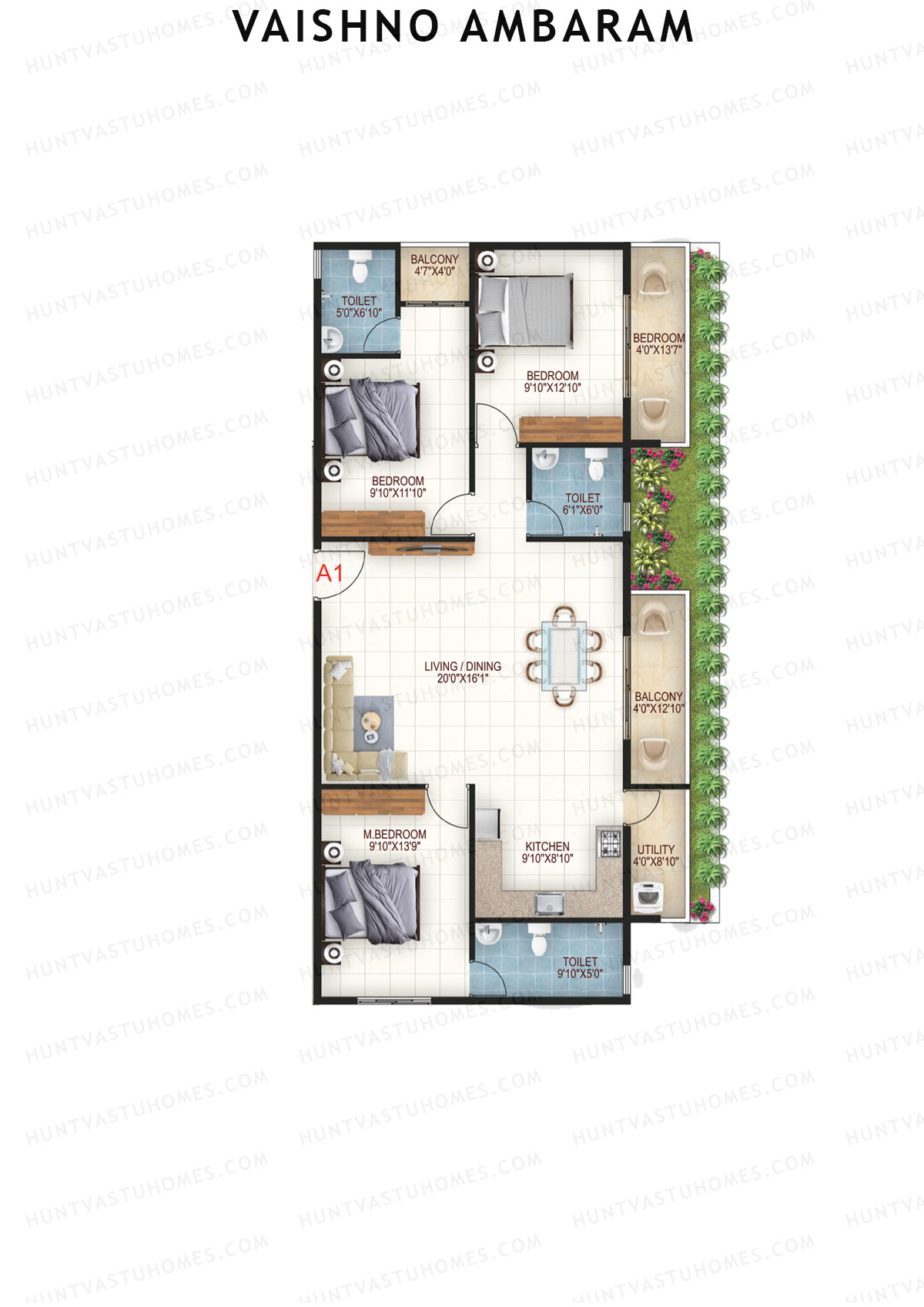 Vaishno Ambaram, Block A, Unit A1, 3BHK, Super Area 1600   sq ft 