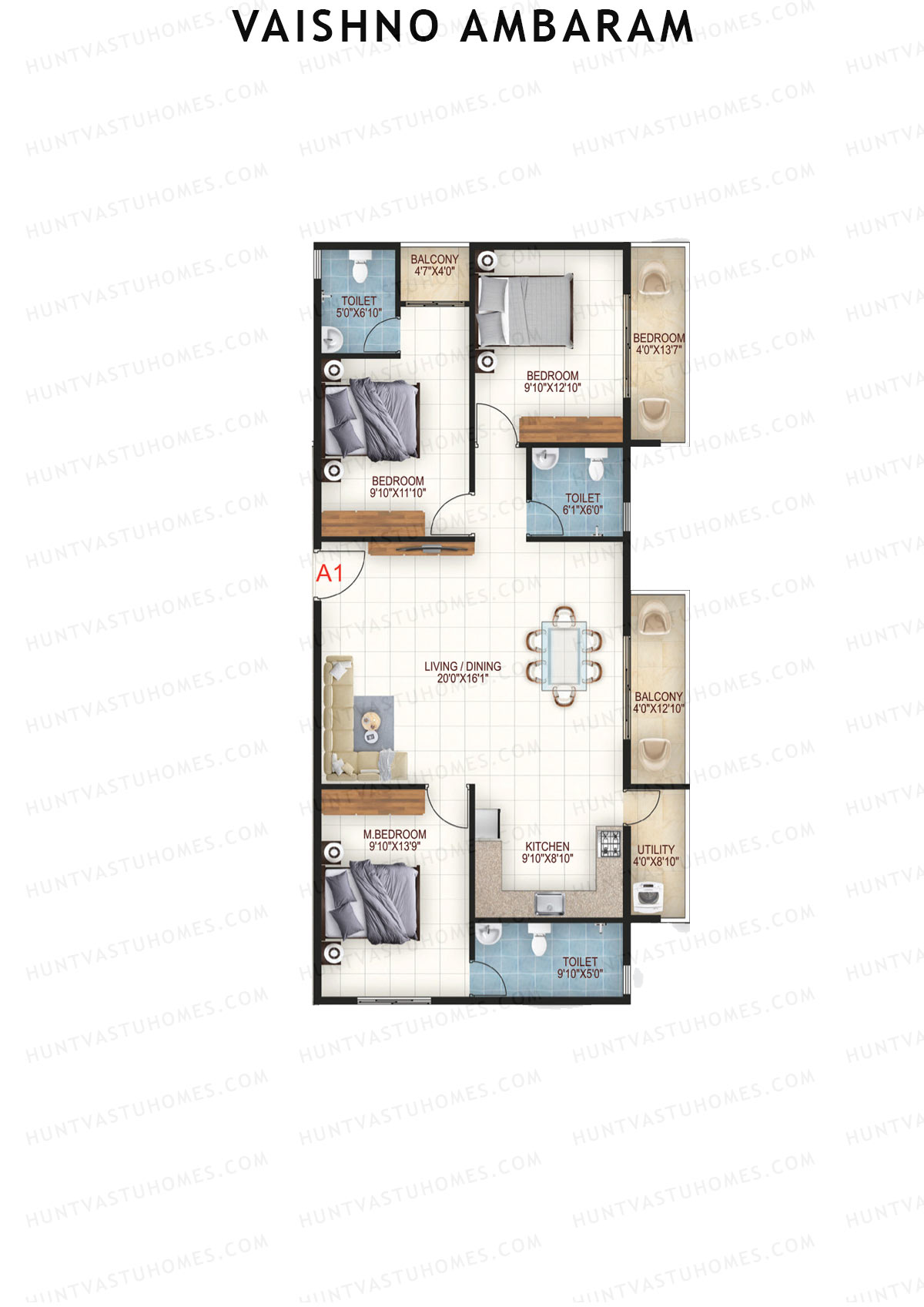 Vaishno Ambaram, Block A, Unit A1, 3BHK, Super Area 1655   sq ft 