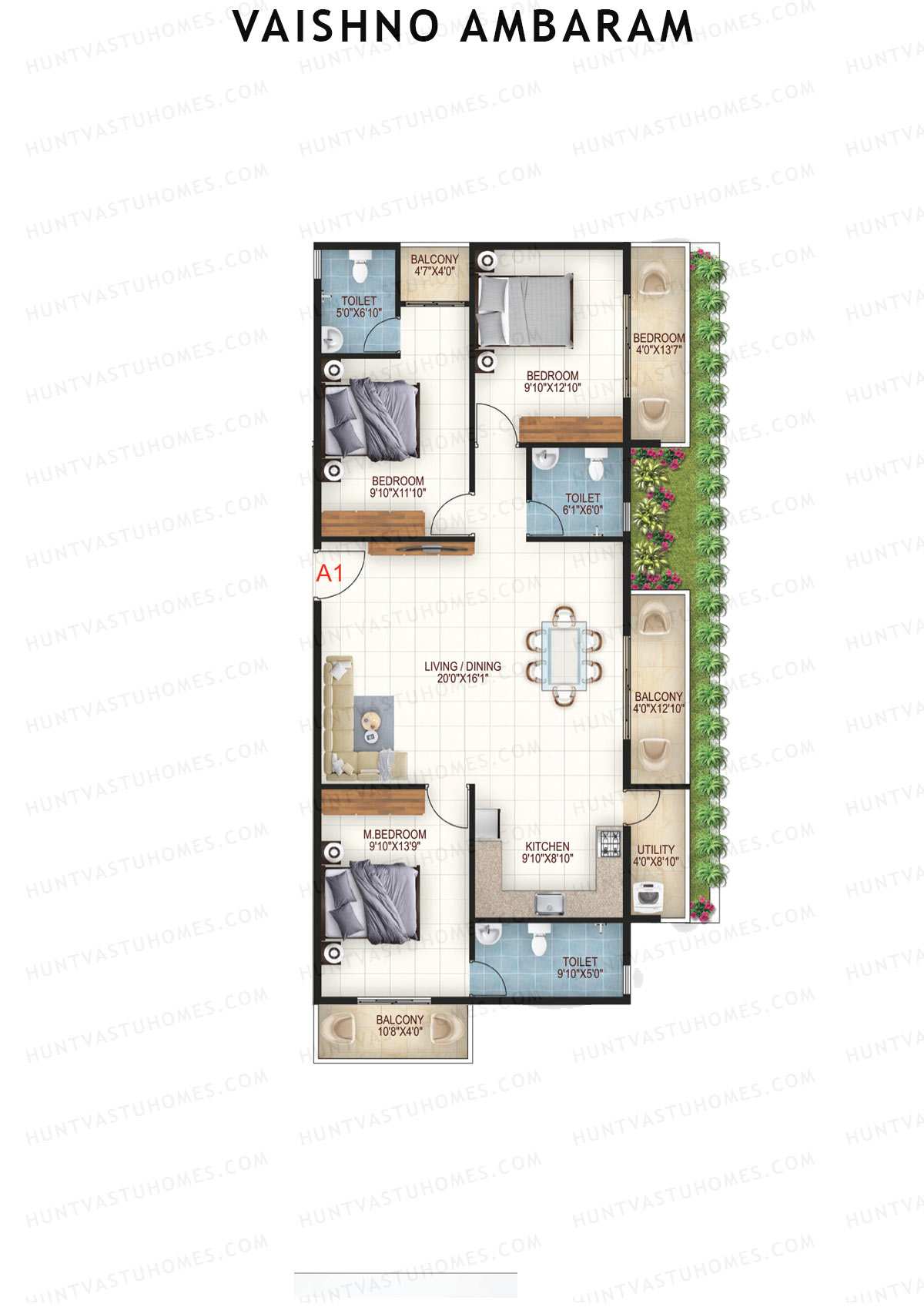 Vaishno Ambaram, Block A, Unit A2, 3BHK, Super Area 1655   sq ft 