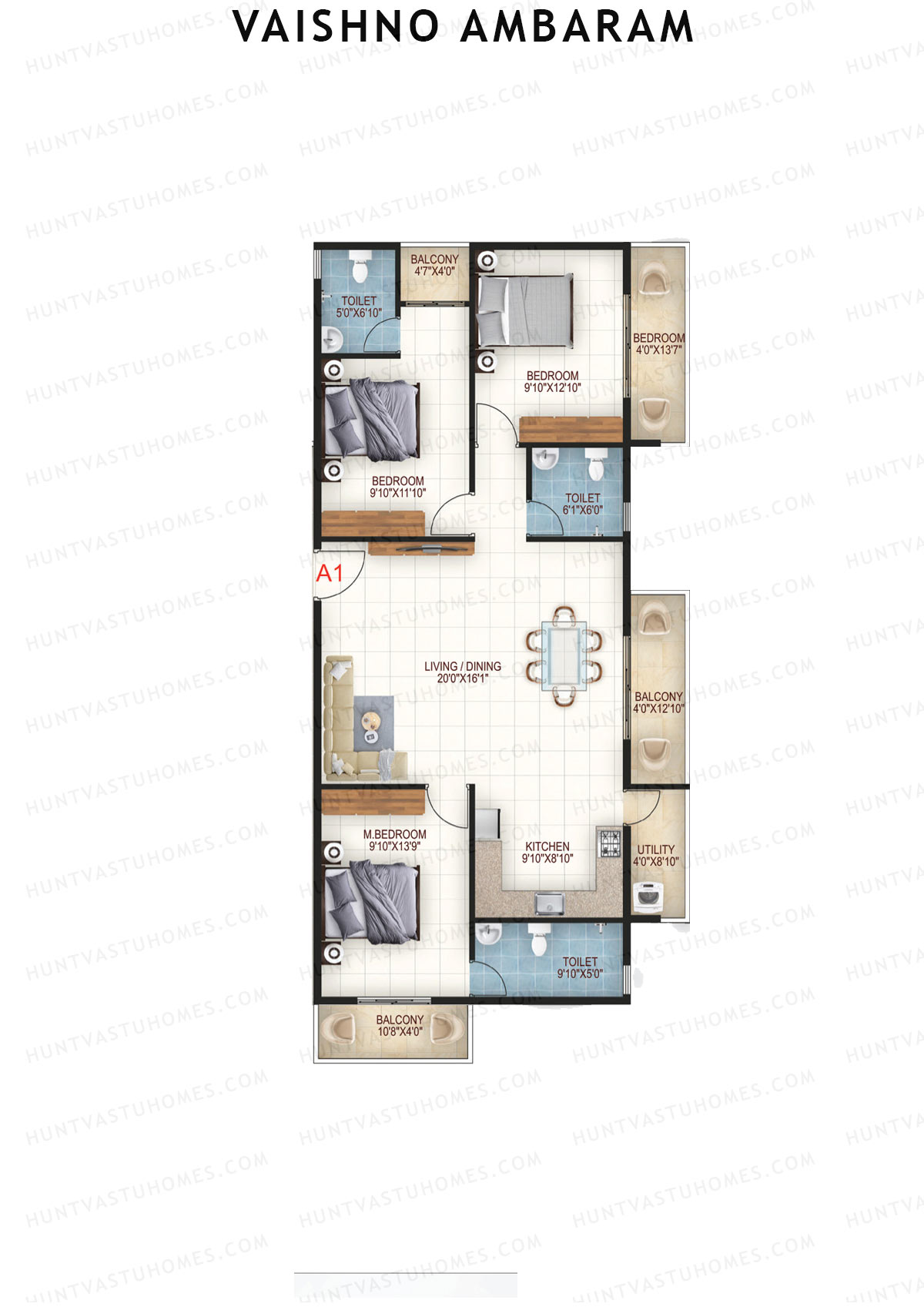 Vaishno Ambaram, Block A, Unit A2, 3BHK, Super Area 1710   sq ft 