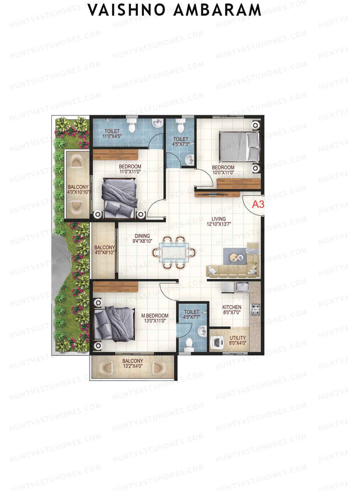 Vaishno Ambaram, Block A, Unit A3, 3BHK, Super Area 1470   sq ft 