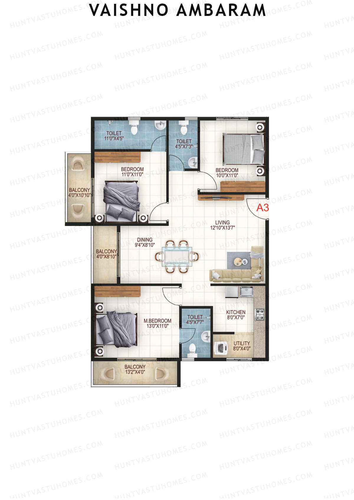 Vaishno Ambaram, Block A, Unit A3, 3BHK, Super Area 1560   sq ft 