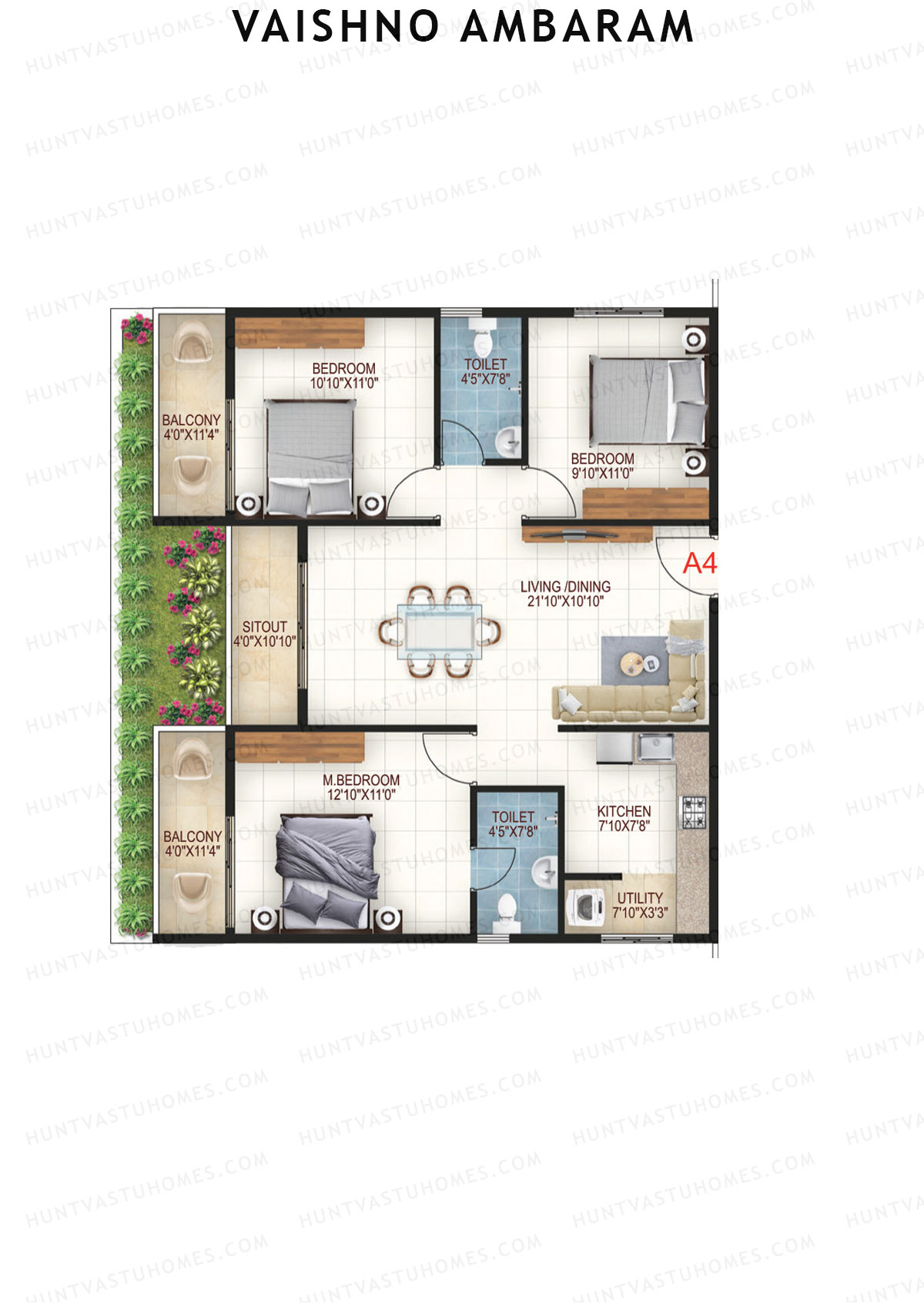 Vaishno Ambaram, Block A, Unit A5, 3BHK, Super Area 1350   sq ft 