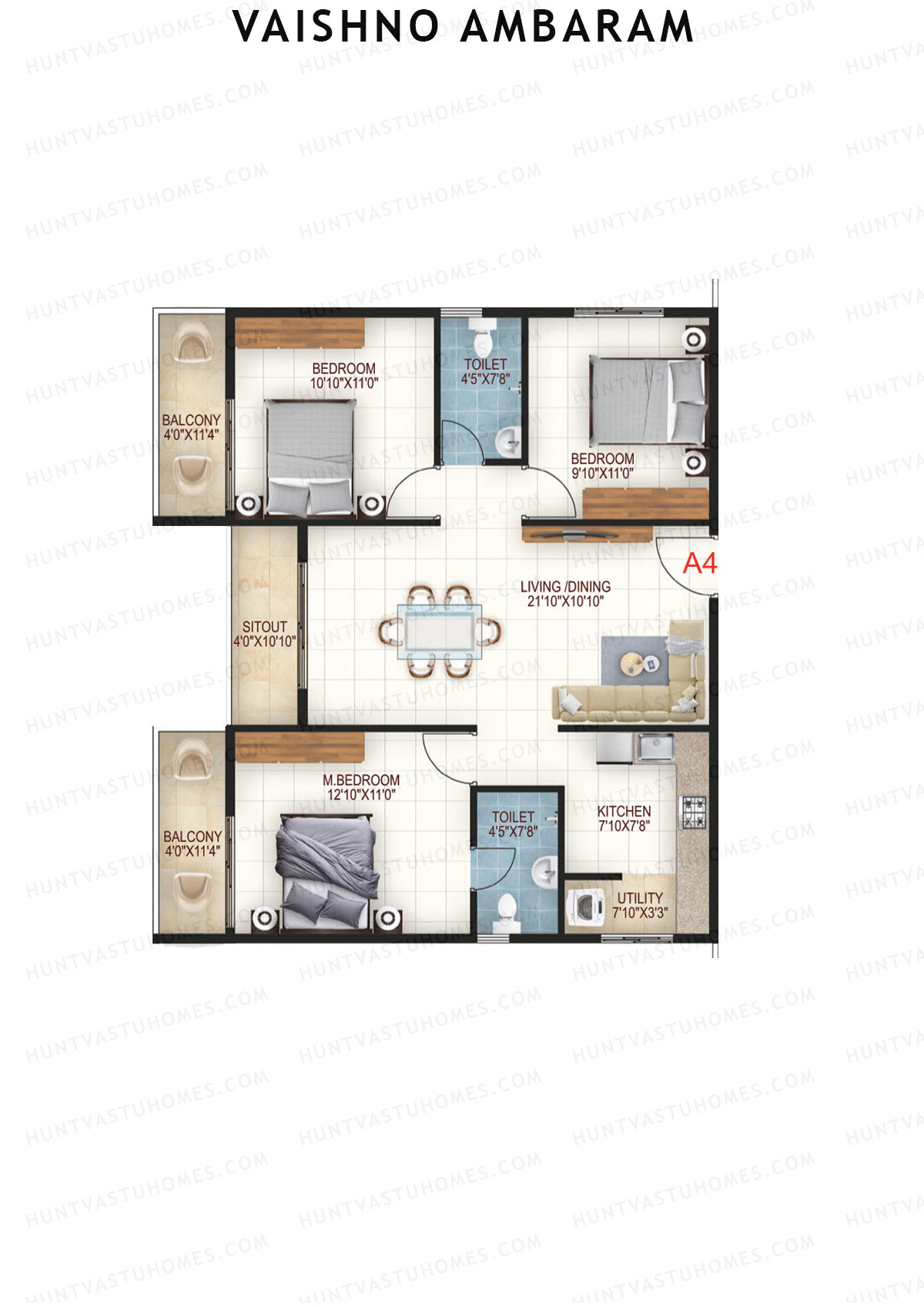 Vaishno Ambaram, Block A, Unit A5, 3BHK, Super Area 1410   sq ft 
