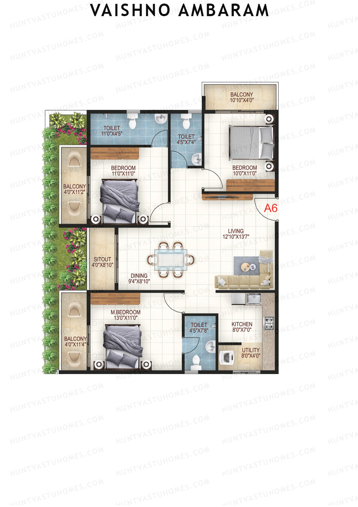 Vaishno Ambaram, Block A, Unit A6, 3BHK, Super Area 1520   sq ft 