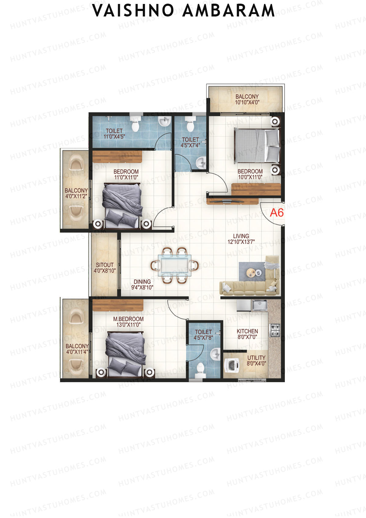 Vaishno Ambaram, Block A, Unit A6, 3BHK, Super Area 1585   sq ft 