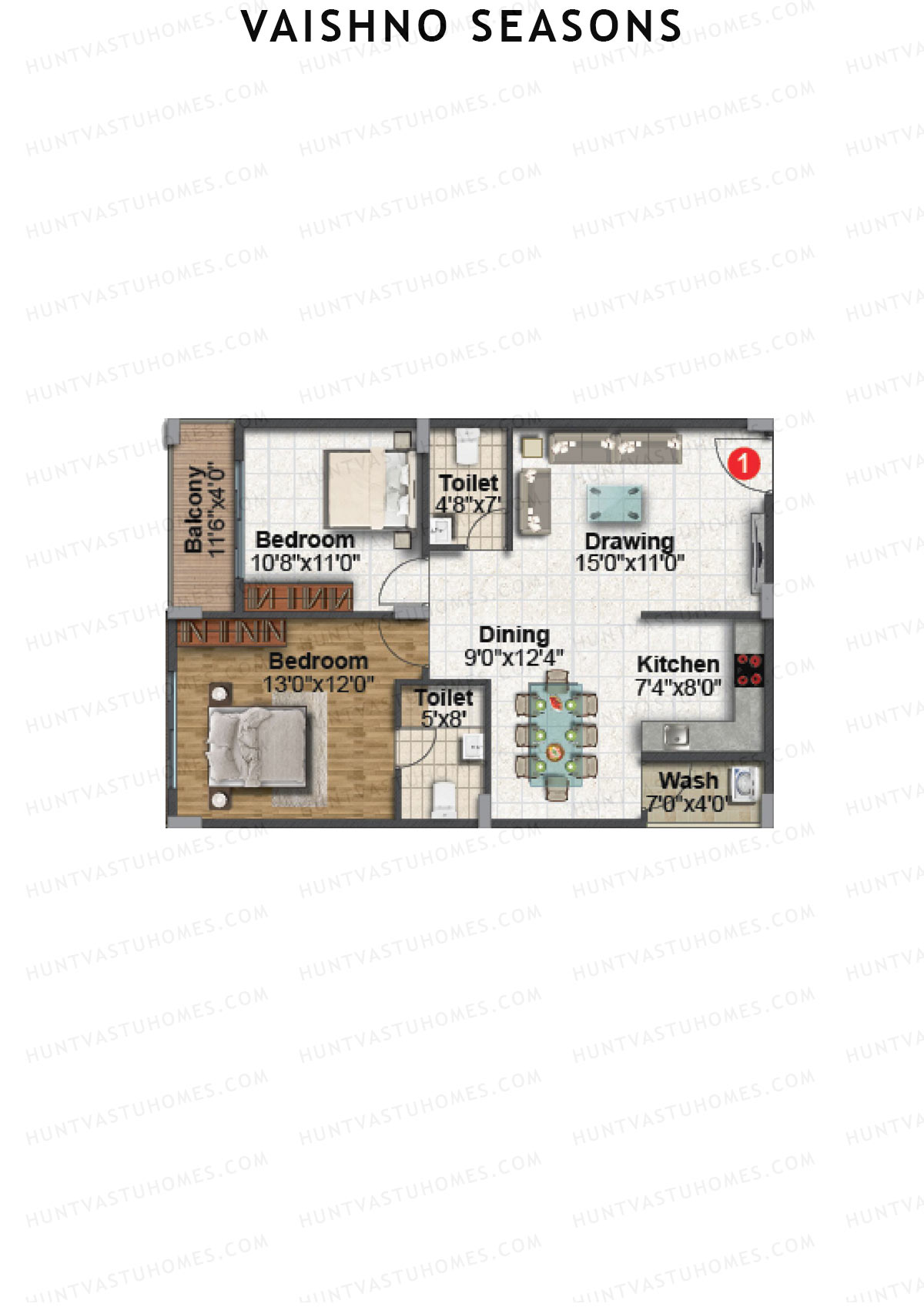 Vaishno Seasons, Block A, Unit 1, 2BHK, Super Area 1115   sq ft 