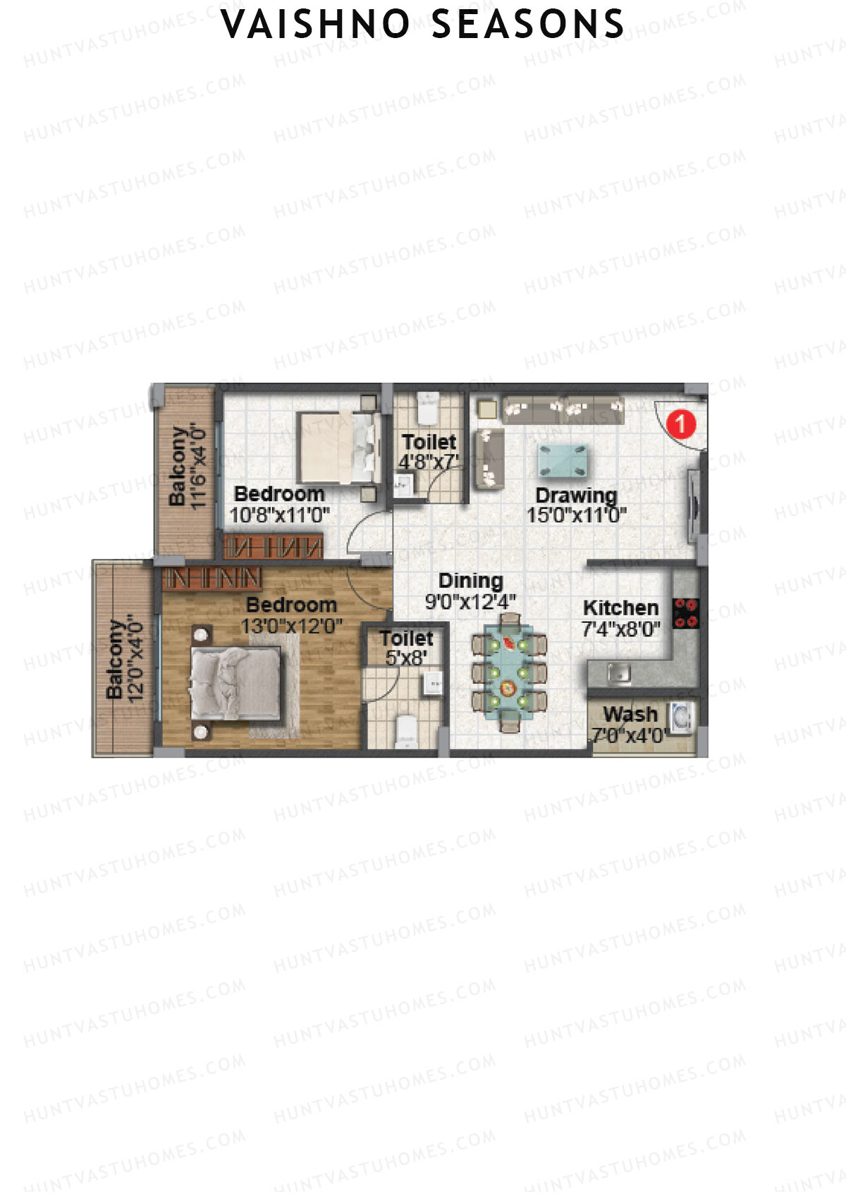 Vaishno Seasons, Block A, Unit 2, 2BHK, Super Area 1180   sq ft 