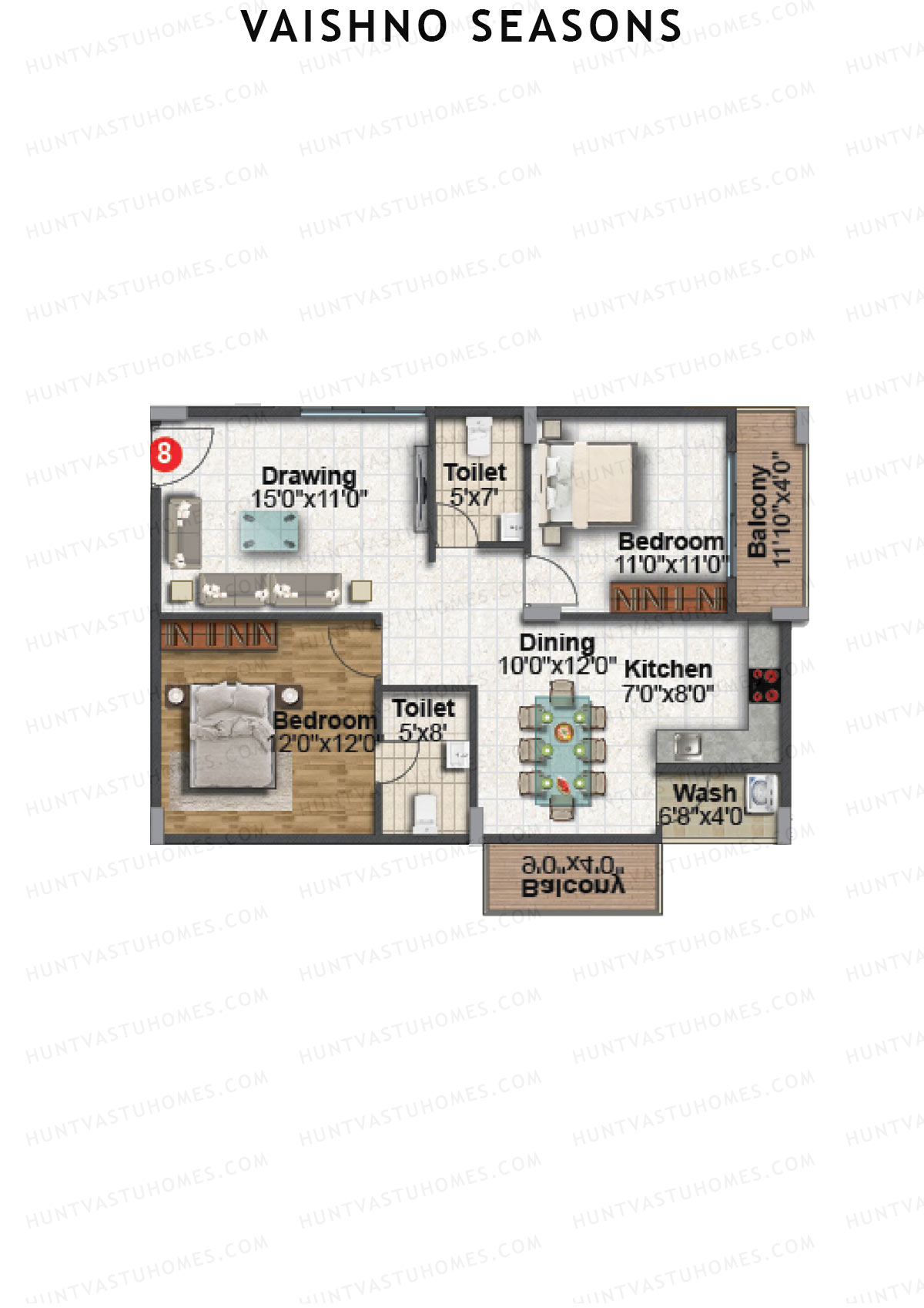 Vaishno Seasons, Block A, Unit 7, 2BHK, Super Area 1175   sq ft 