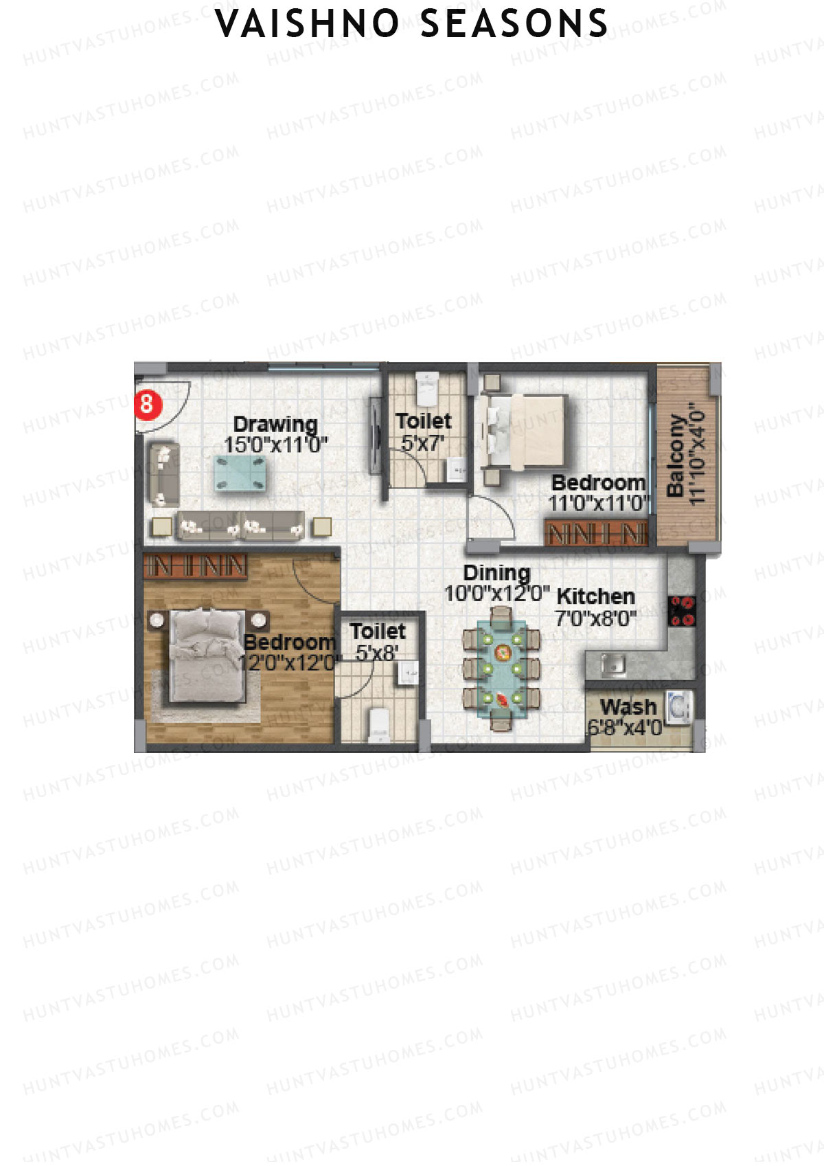 Vaishno Seasons, Block A, Unit 8, 2BHK, Super Area 1125   sq ft 