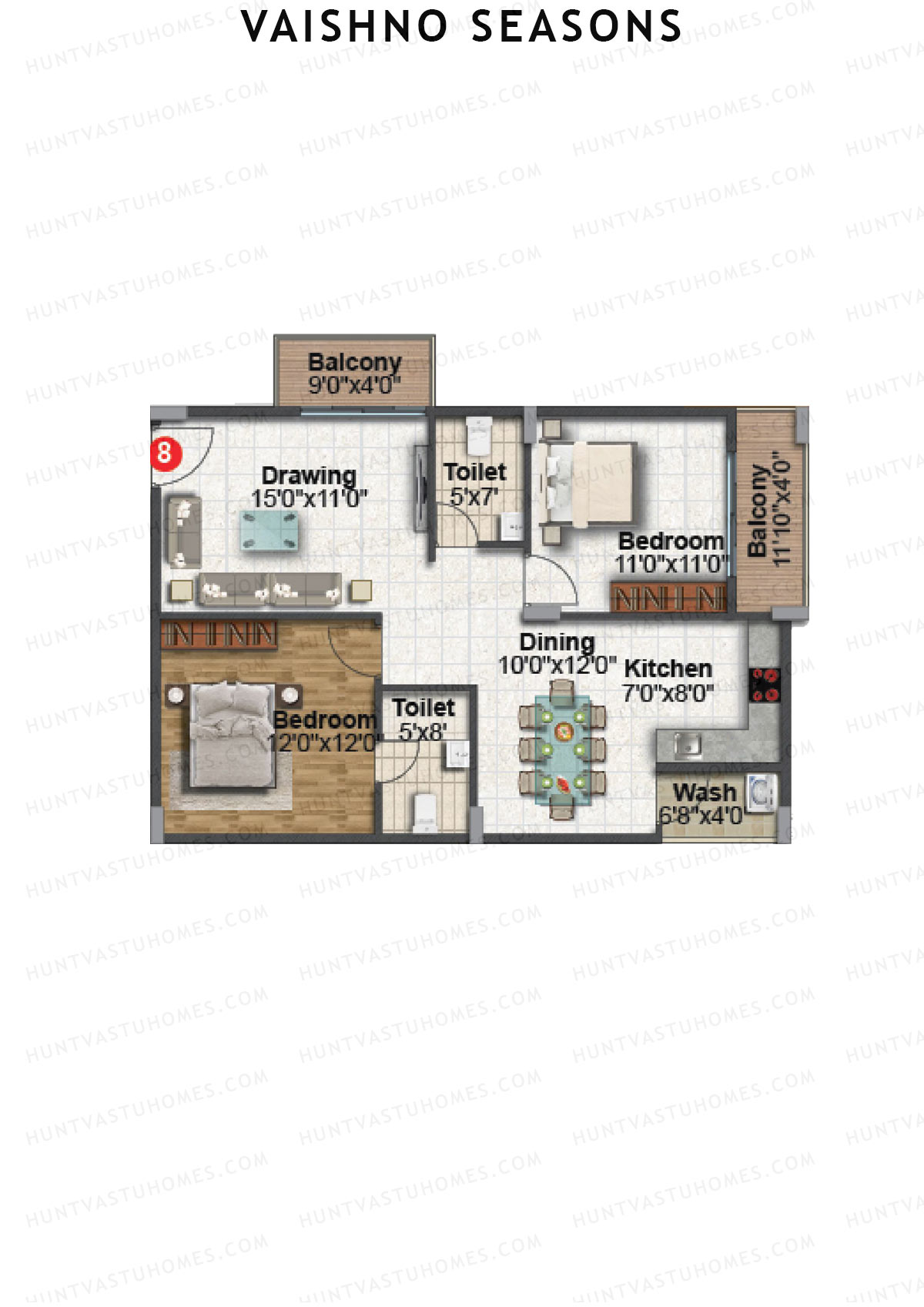 Vaishno Seasons, Block A, Unit 8, 2BHK, Super Area 1170   sq ft 