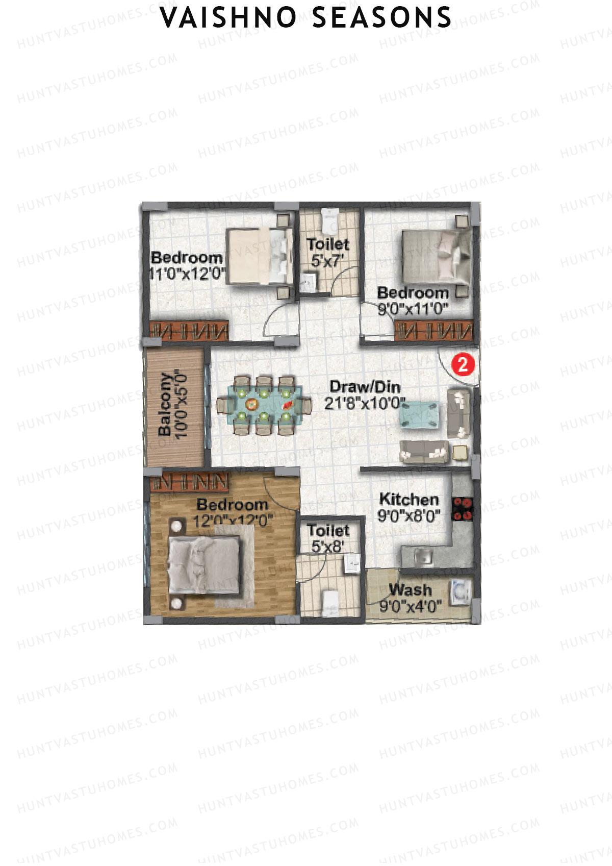 Vaishno Seasons, Block B, Unit 1, 3BHK, Super Area 1230   sq ft 