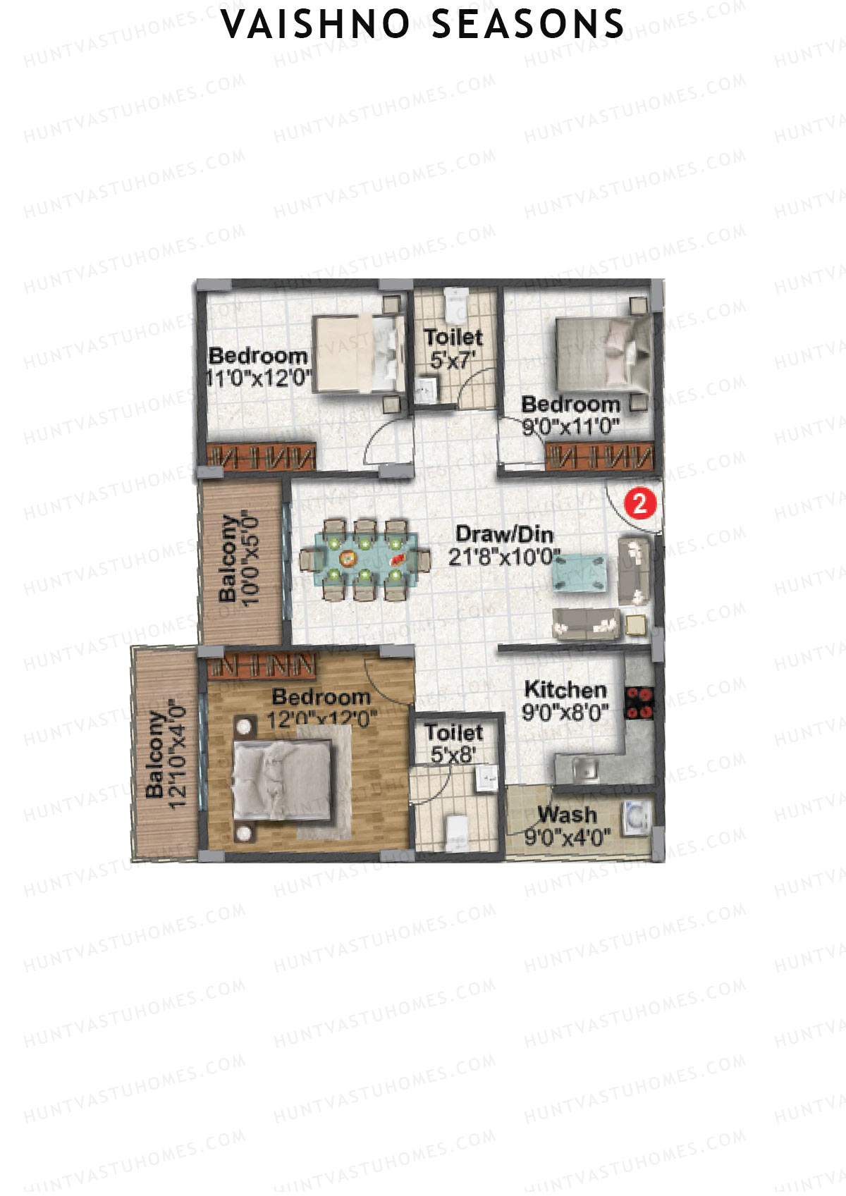 Vaishno Seasons, Block B, Unit 1, 3BHK, Super Area 1330   sq ft 
