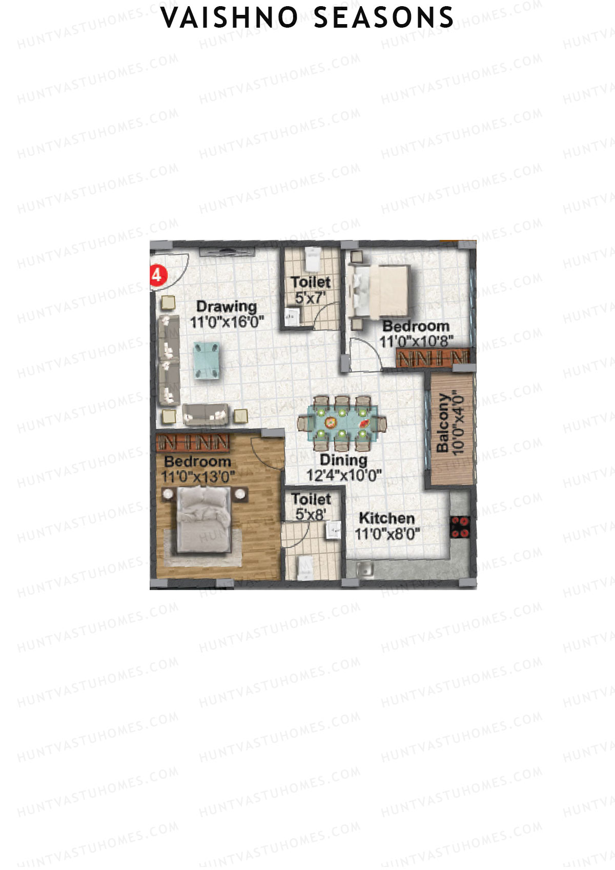 Vaishno Seasons, Block B, Unit 4, 2BHK, Super Area 1115   sq ft 
