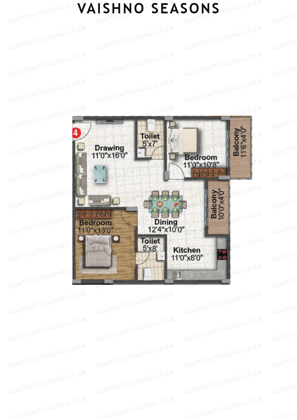 Vaishno Seasons, Block B, Unit 4, 2BHK, Super Area 1170   sq ft 