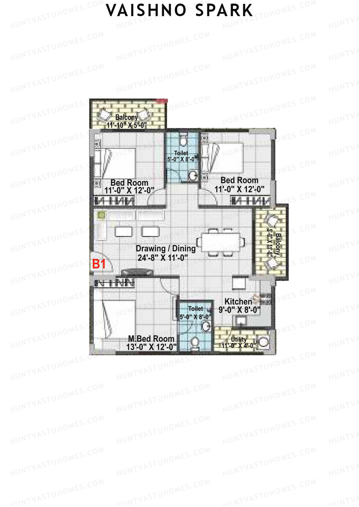 Vaishno Spark, Block A, Unit A1, 3BHK, Super Area 1505   sq ft 