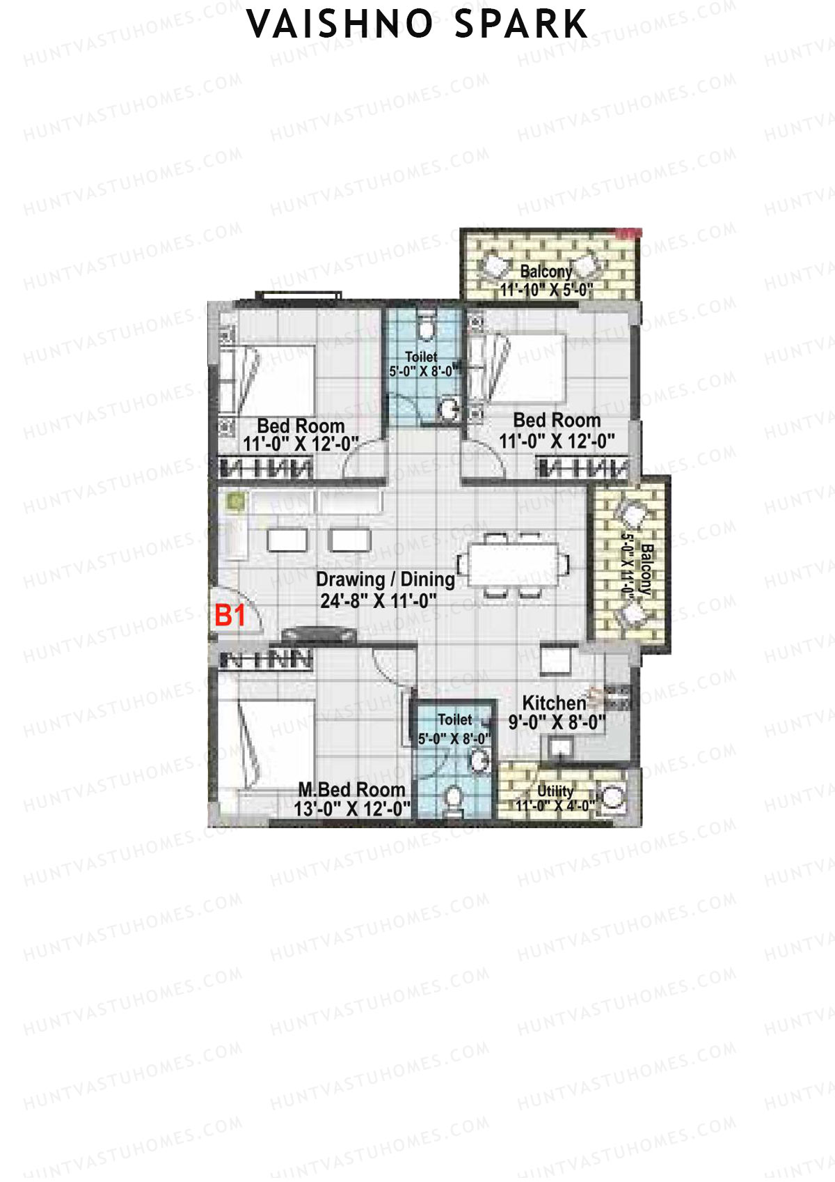 Vaishno Spark, Block A, Unit A1, 3BHK, Super Area 1505   sq ft 