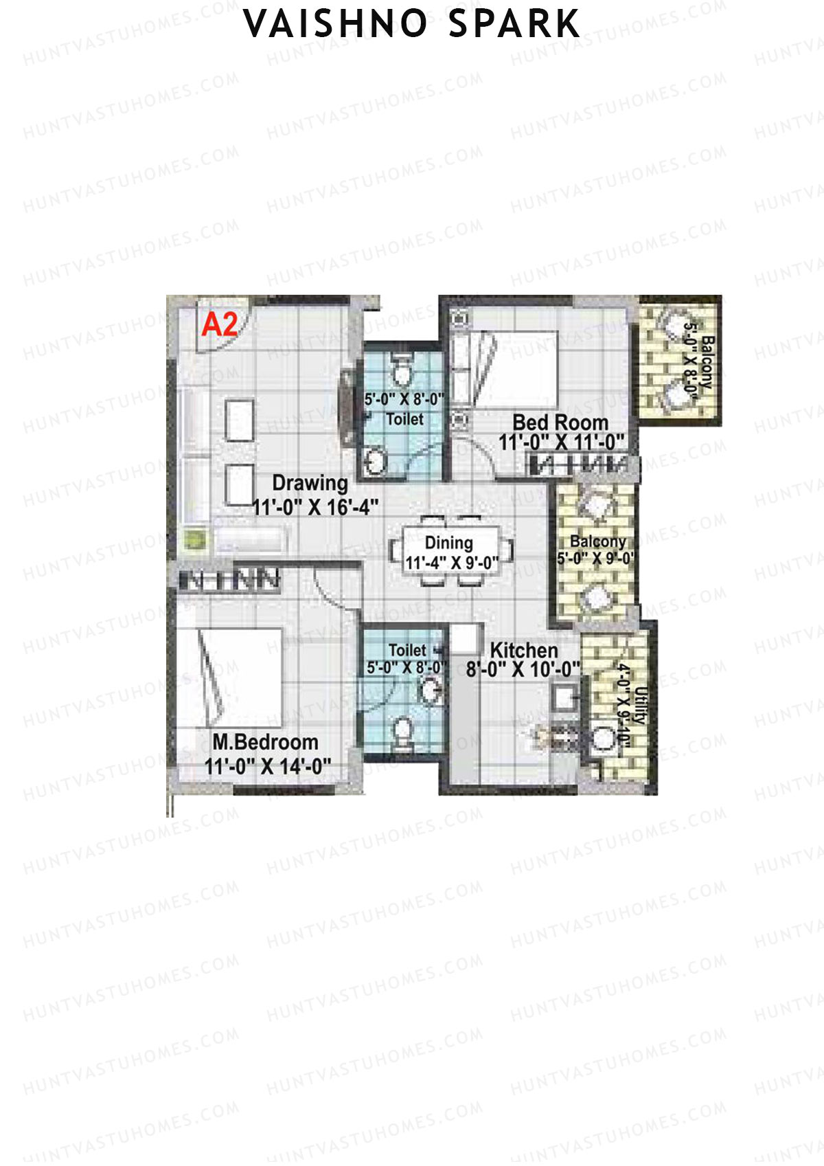 Vaishno Spark, Block A, Unit A2, 2BHK, Super Area 1240   sq ft 