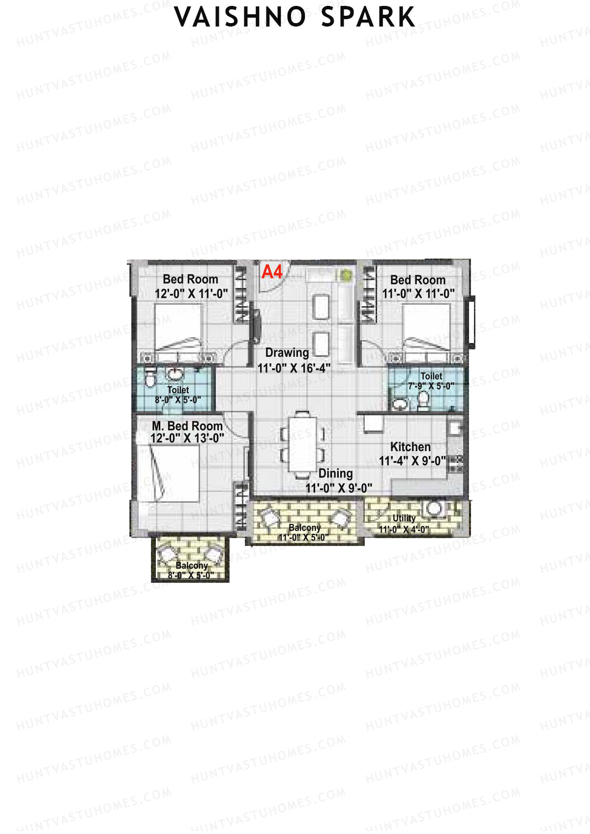 Vaishno Spark, Block A, Unit A4, 3BHK, Super Area 1525   sq ft 
