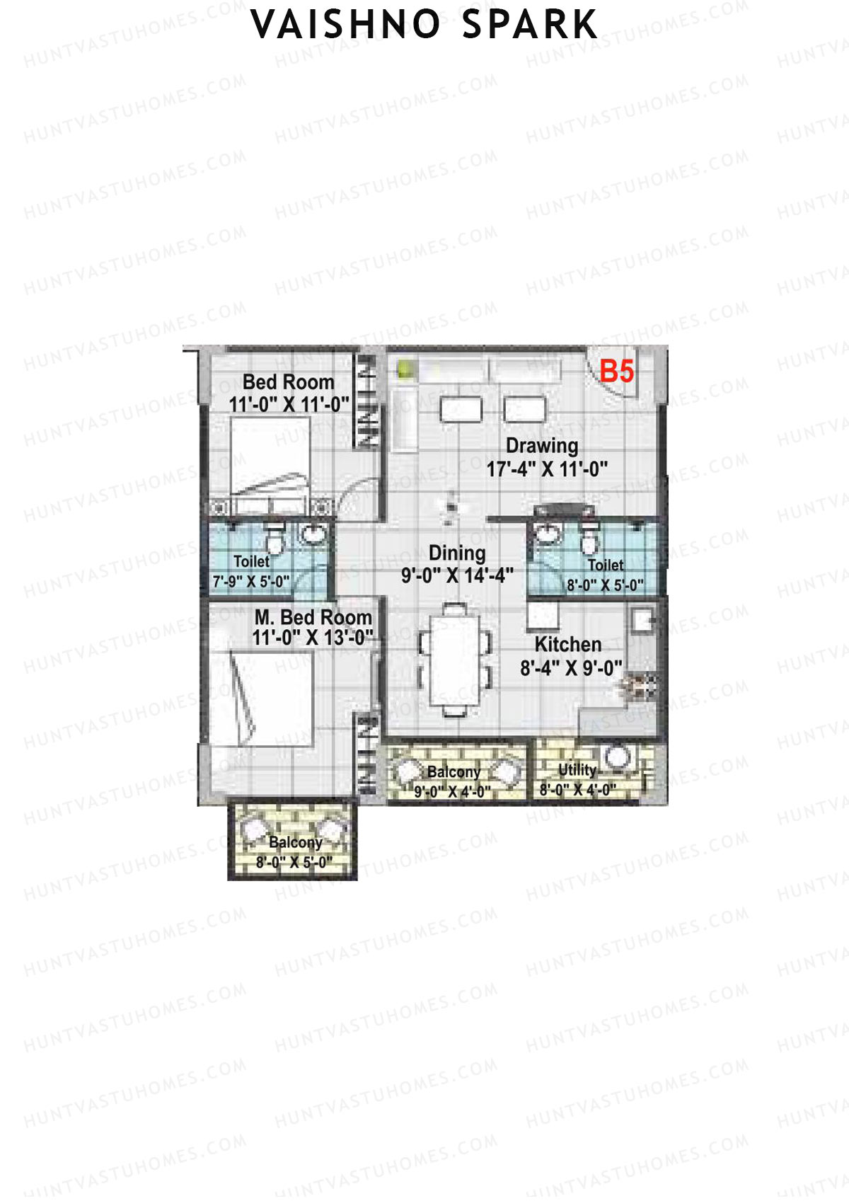 Vaishno Spark, Block A, Unit A5, 2BHK, Super Area 1265   sq ft 