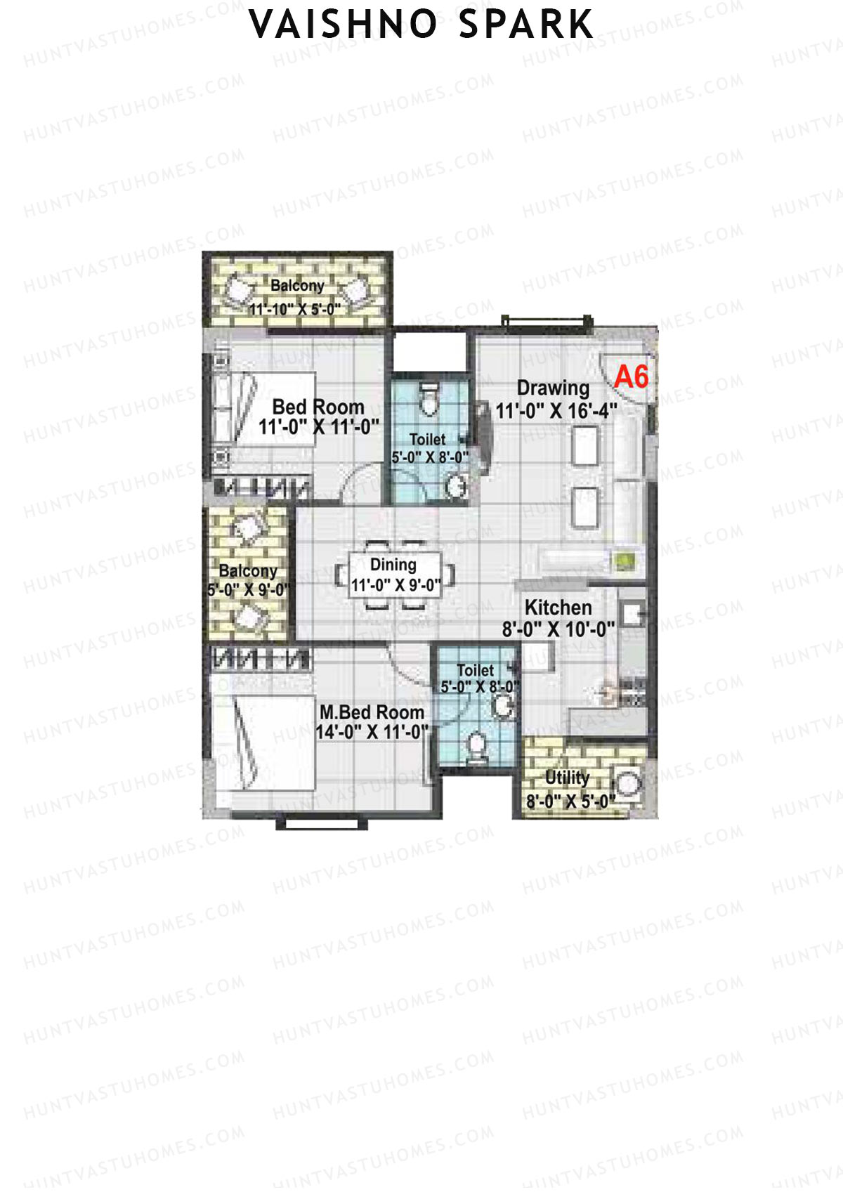 Vaishno Spark, Block A, Unit A6, 2BHK, Super Area 1265   sq ft 