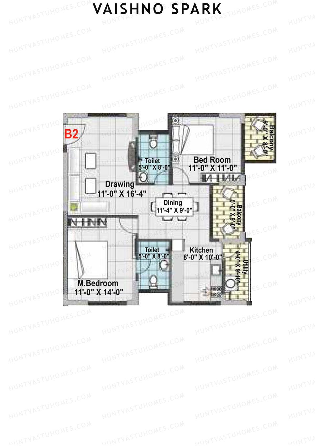 Vaishno Spark, Block B, Unit B3, 2BHK, Super Area 1240   sq ft 