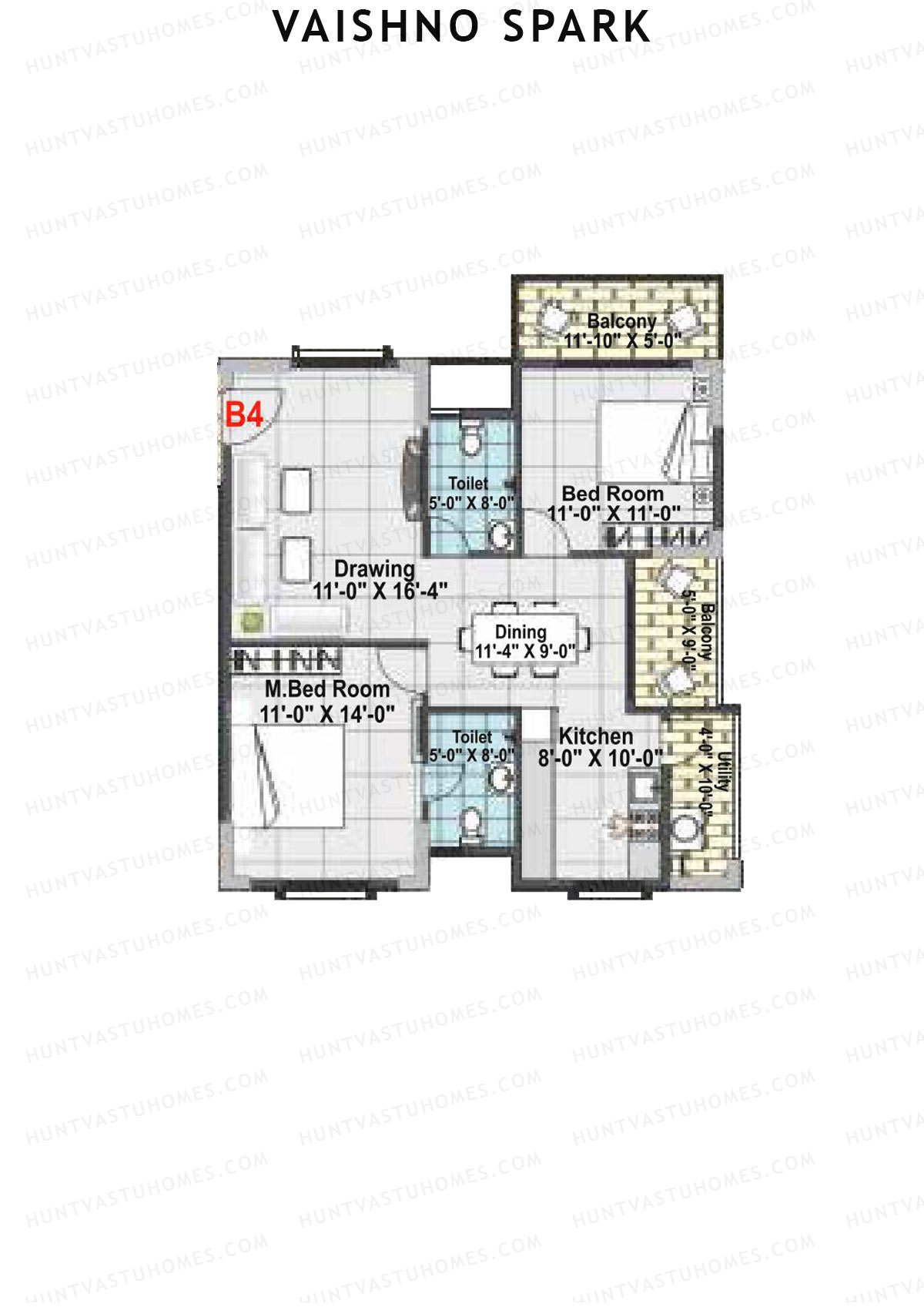 Vaishno Spark, Block B, Unit B4, 2BHK, Super Area 1265   sq ft 