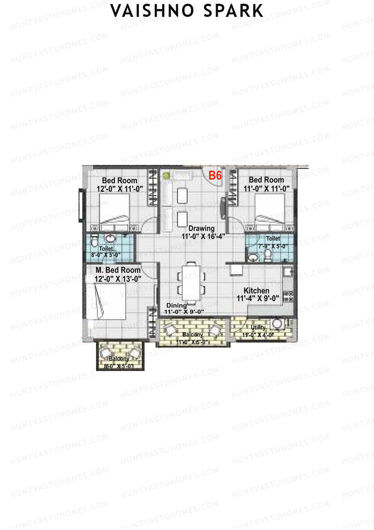 Vaishno Spark, Block B, Unit B6, 3BHK, Super Area 1525   sq ft 