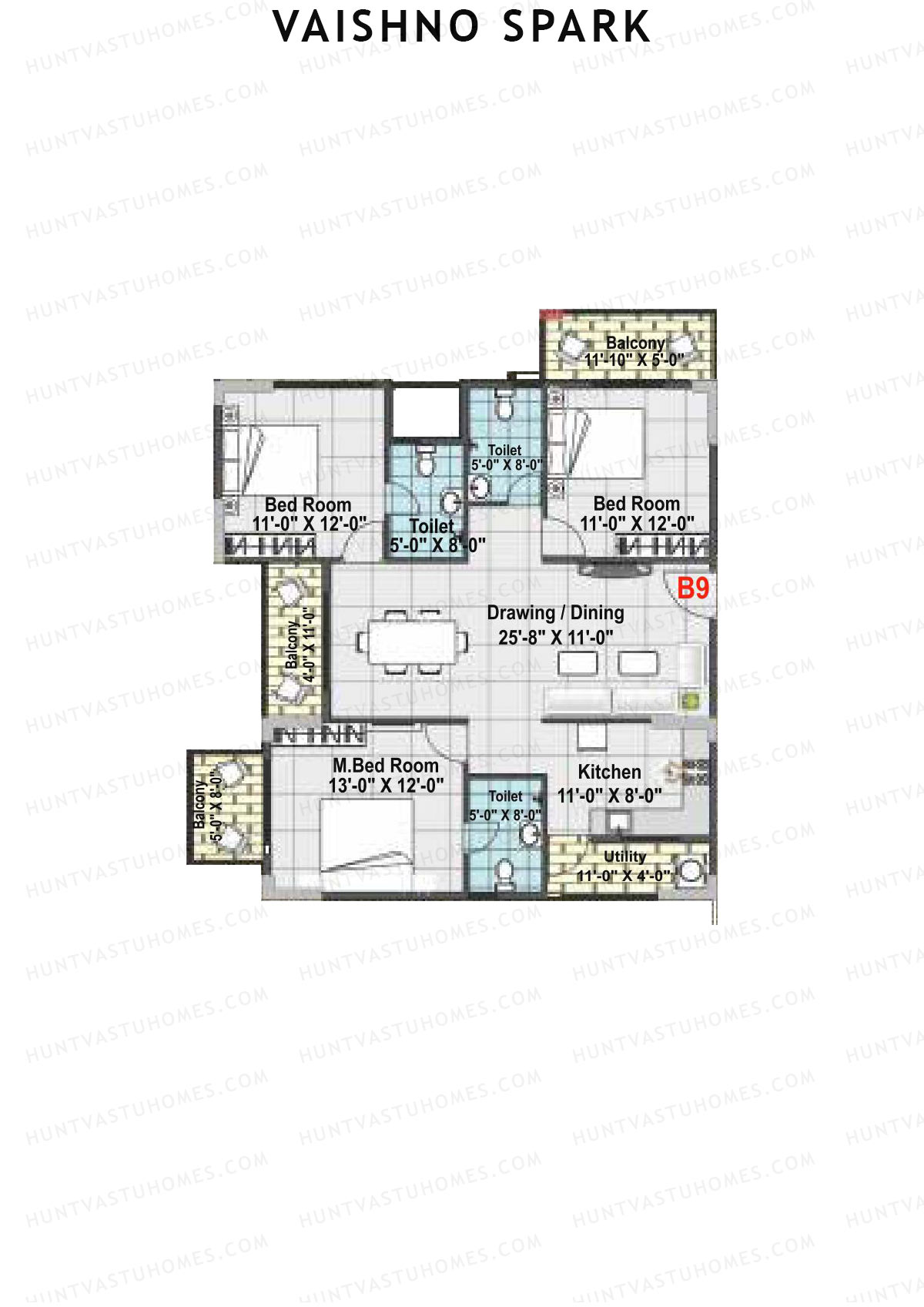Vaishno Spark, Block B, Unit B9, 3BHK, Super Area 1655   sq ft 