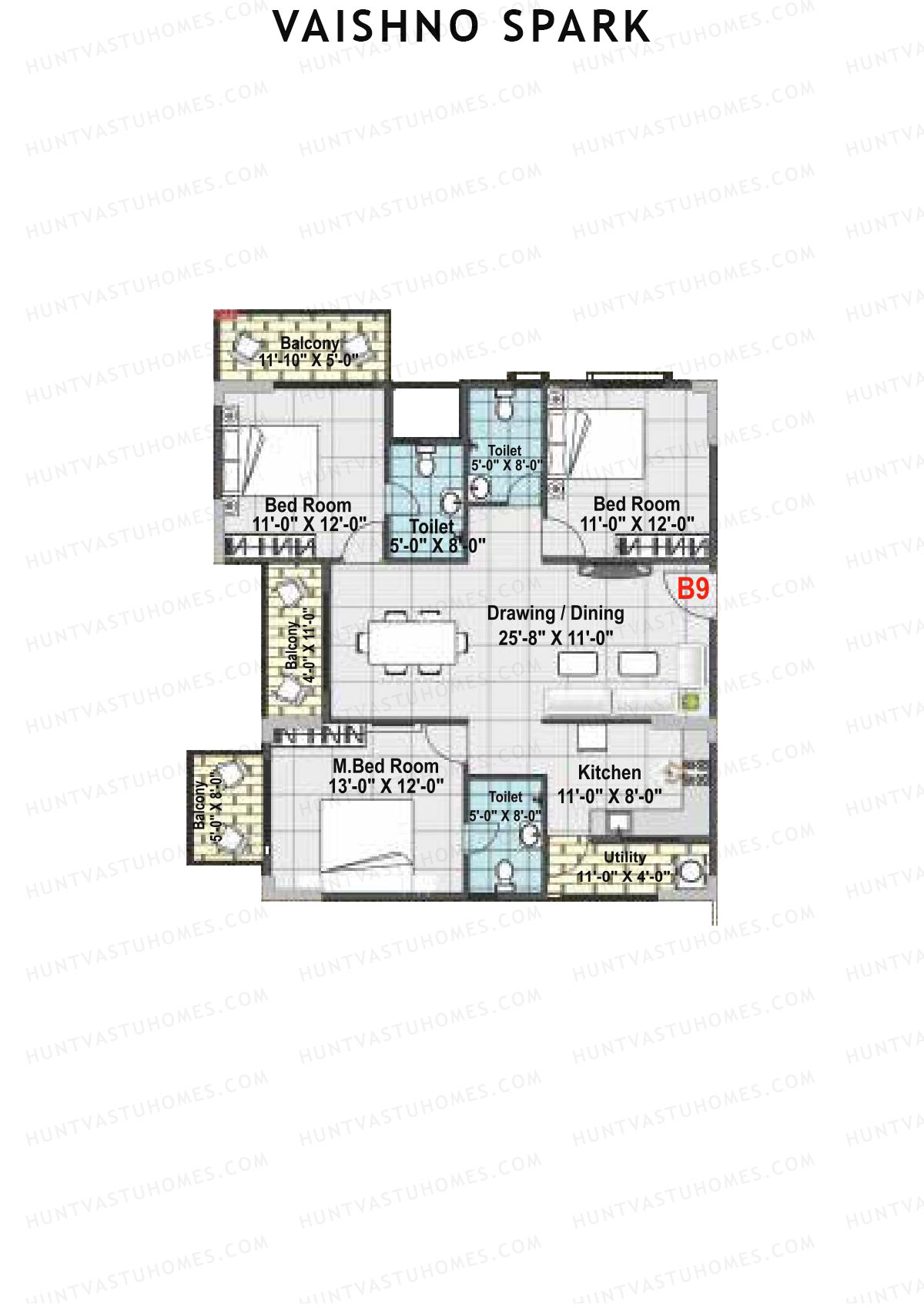Vaishno Spark, Block B, Unit B9, 3BHK, Super Area 1655   sq ft 