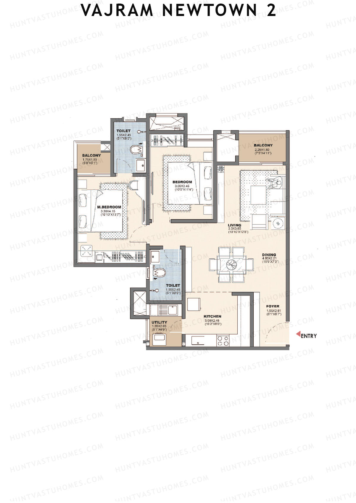 Vajram Newtown 2, Tower 2, Unit 1 (Type D1), 2BHK, Super Area 1243   sq ft 