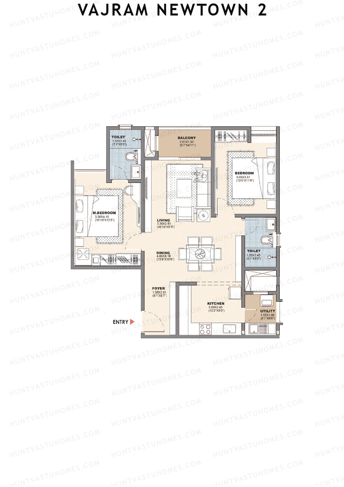 Vajram Newtown 2, Tower 2, Unit 2 (Type D2), 2BHK, Super Area 1192   sq ft 