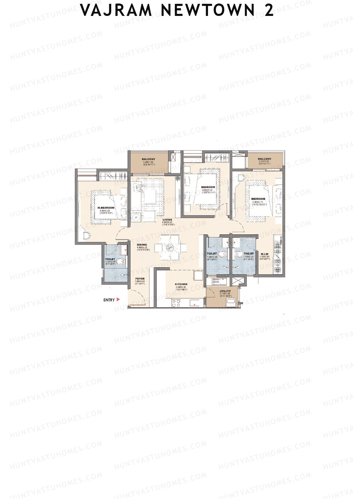 Vajram Newtown 2, Tower 2, Unit 3 (Type A1), 3BHK, Super Area 1600   sq ft 