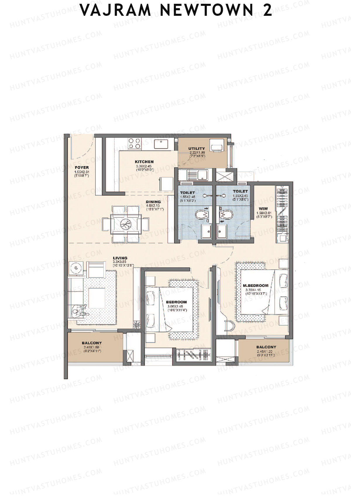 Vajram Newtown 2, Tower 2, Unit 5 (Type B1), 2BHK, Super Area 1322   sq ft 