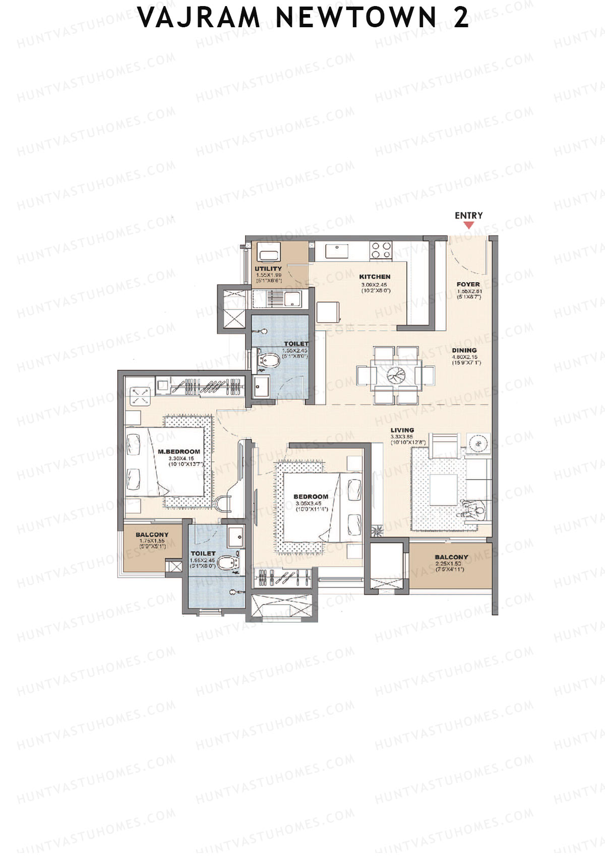 Vajram Newtown 2, Tower 2, Unit 6 (Type B2), 2BHK, Super Area 1244   sq ft 