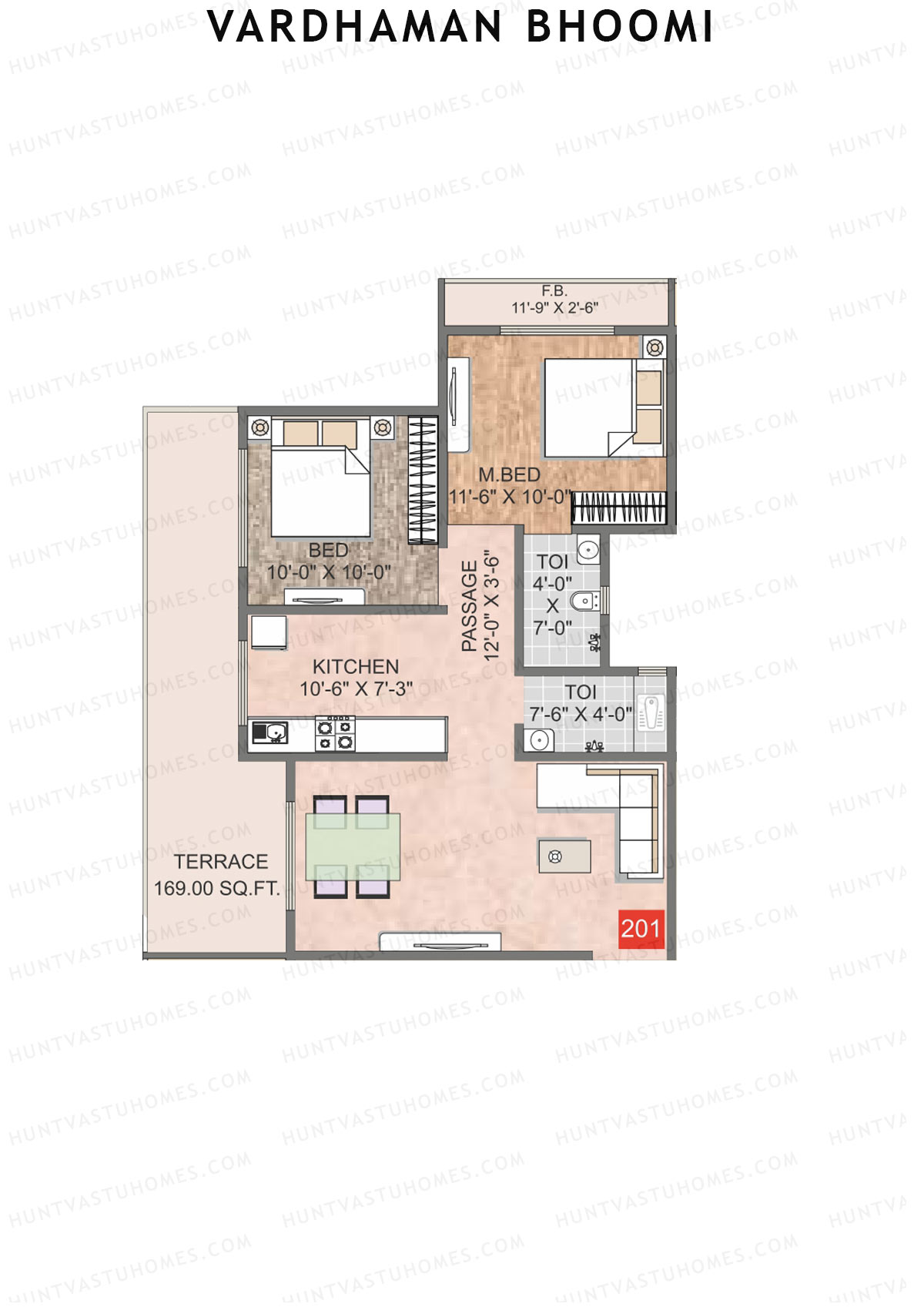 Vardhaman Bhoomi, Wing A, Unit 1, 2BHK, Carpet Area 600   sq ft 