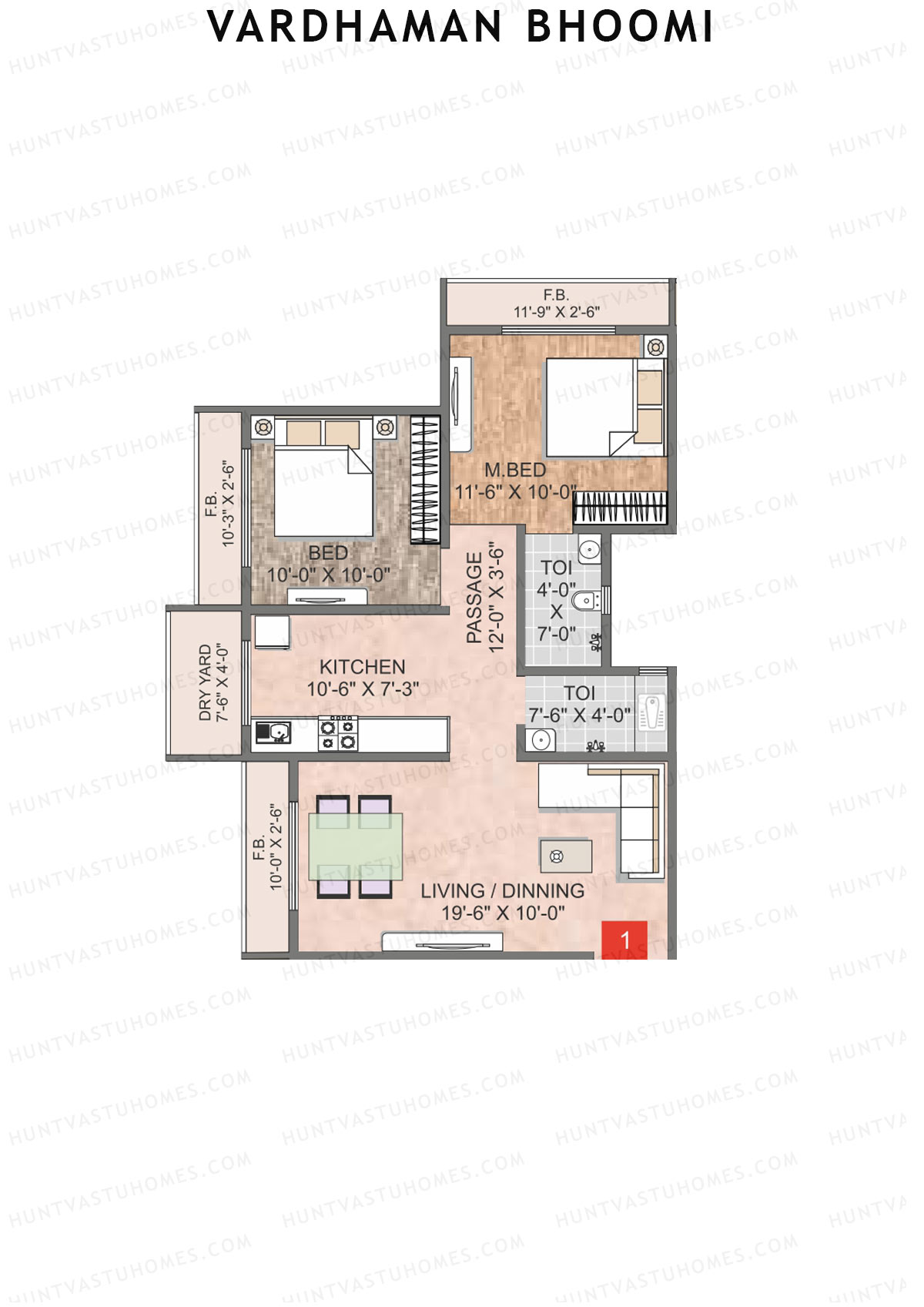 Vardhaman Bhoomi, Wing A, Unit 1, 2BHK, Carpet Area 600   sq ft 