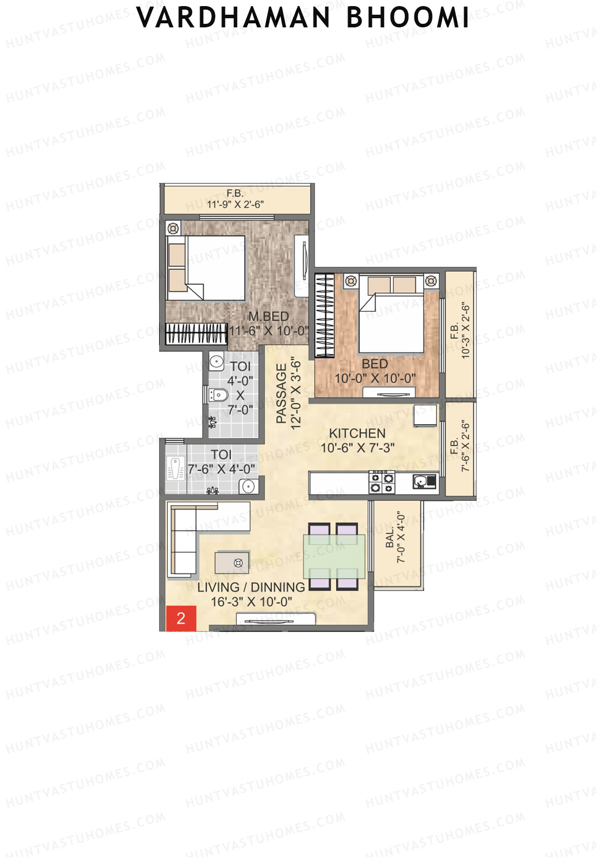 Vardhaman Bhoomi, Wing A, Unit 2, 2BHK, Carpet Area 600   sq ft 