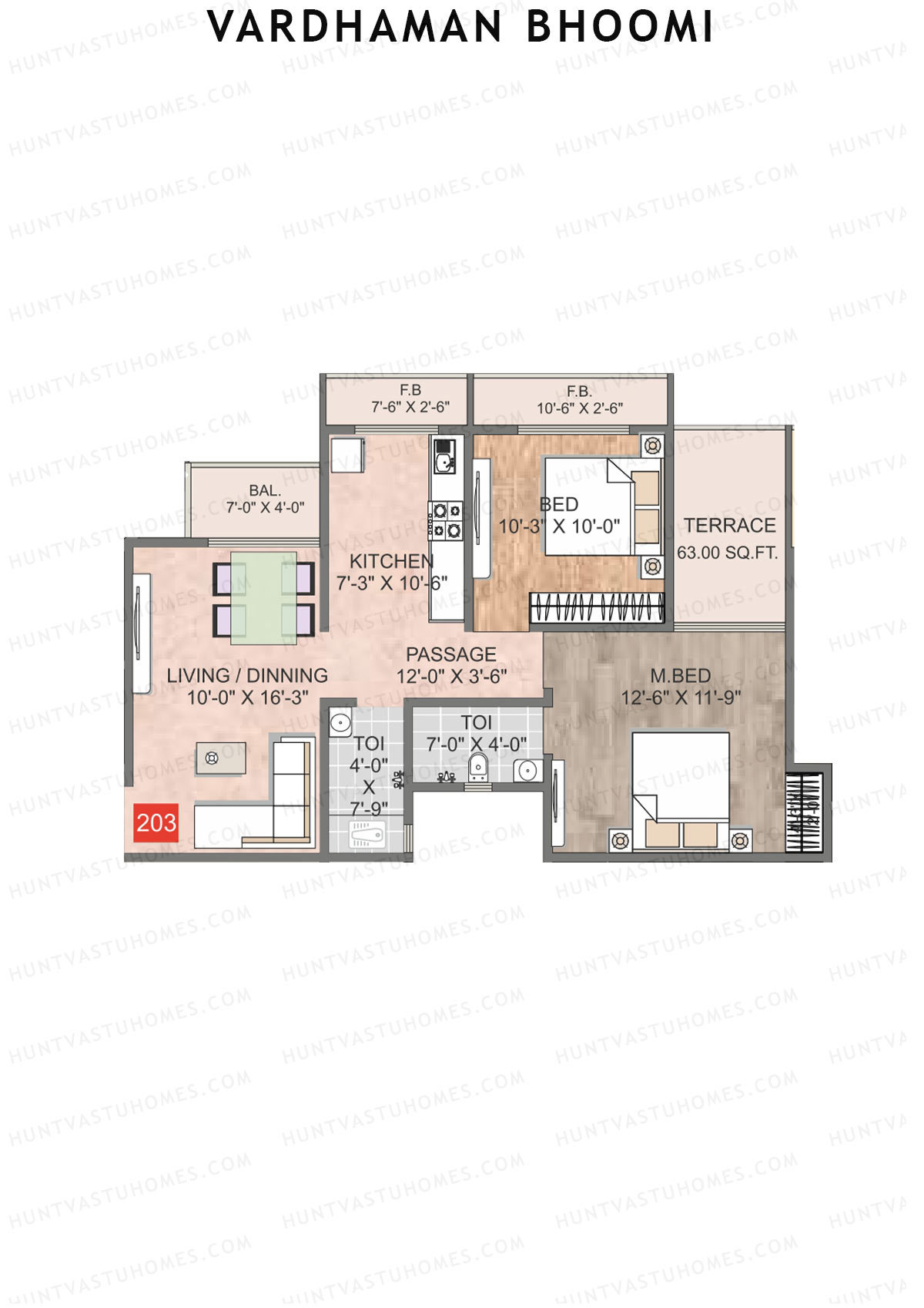 Vardhaman Bhoomi, Wing A, Unit 3, 2BHK, Carpet Area 600   sq ft 